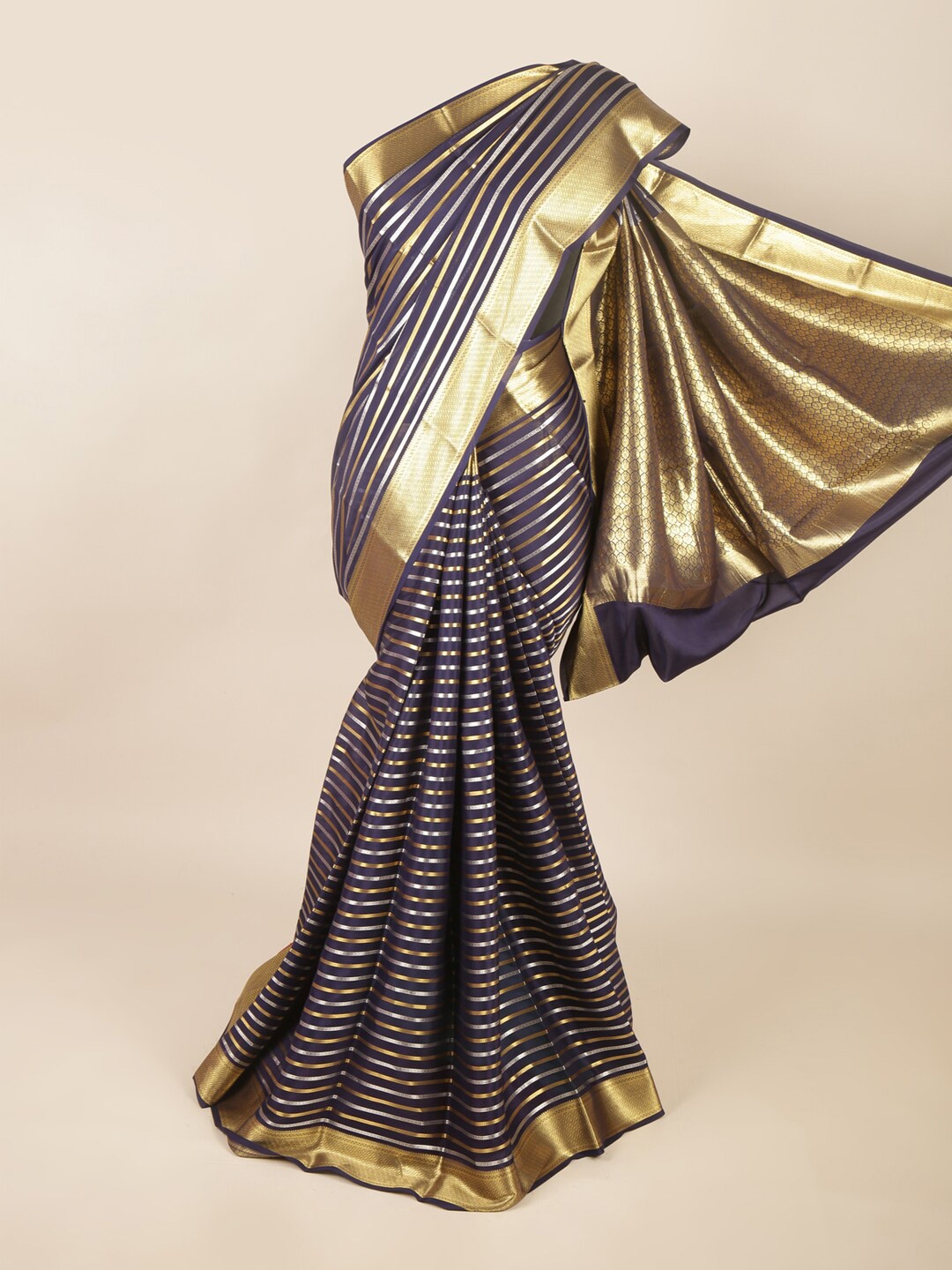 

Pothys Blue & Gold-Toned Striped Zari Art Silk Saree