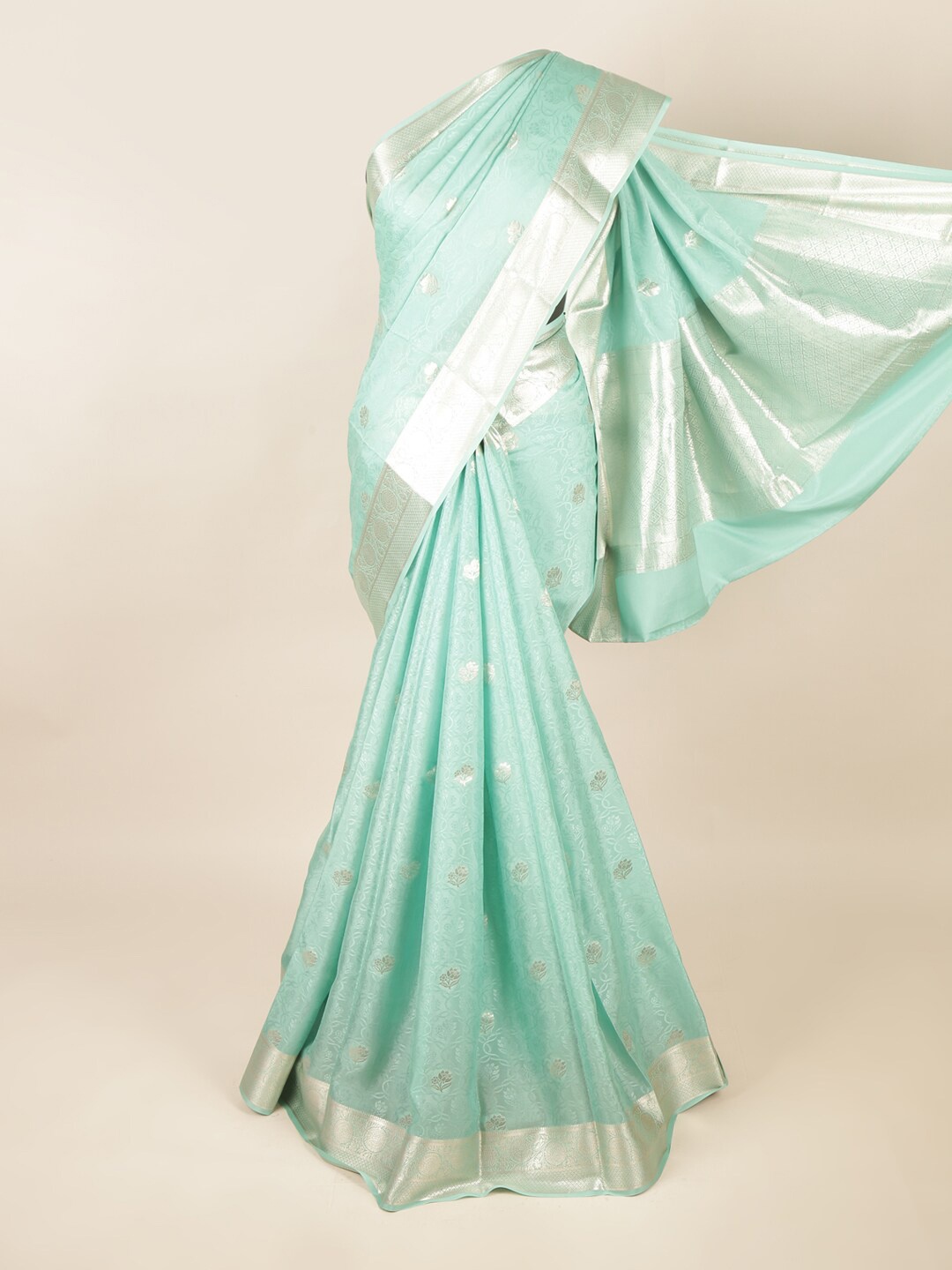 

Pothys Sea Green & Silver-Toned Floral Zari Art Silk Saree