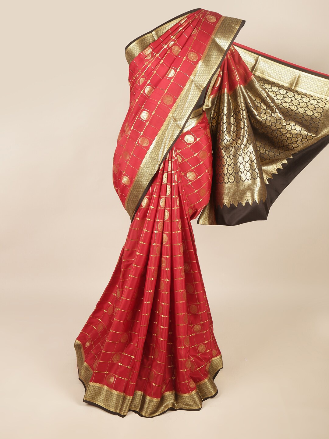 

Pothys Red & Gold-Toned Checked Zari Art Silk Saree