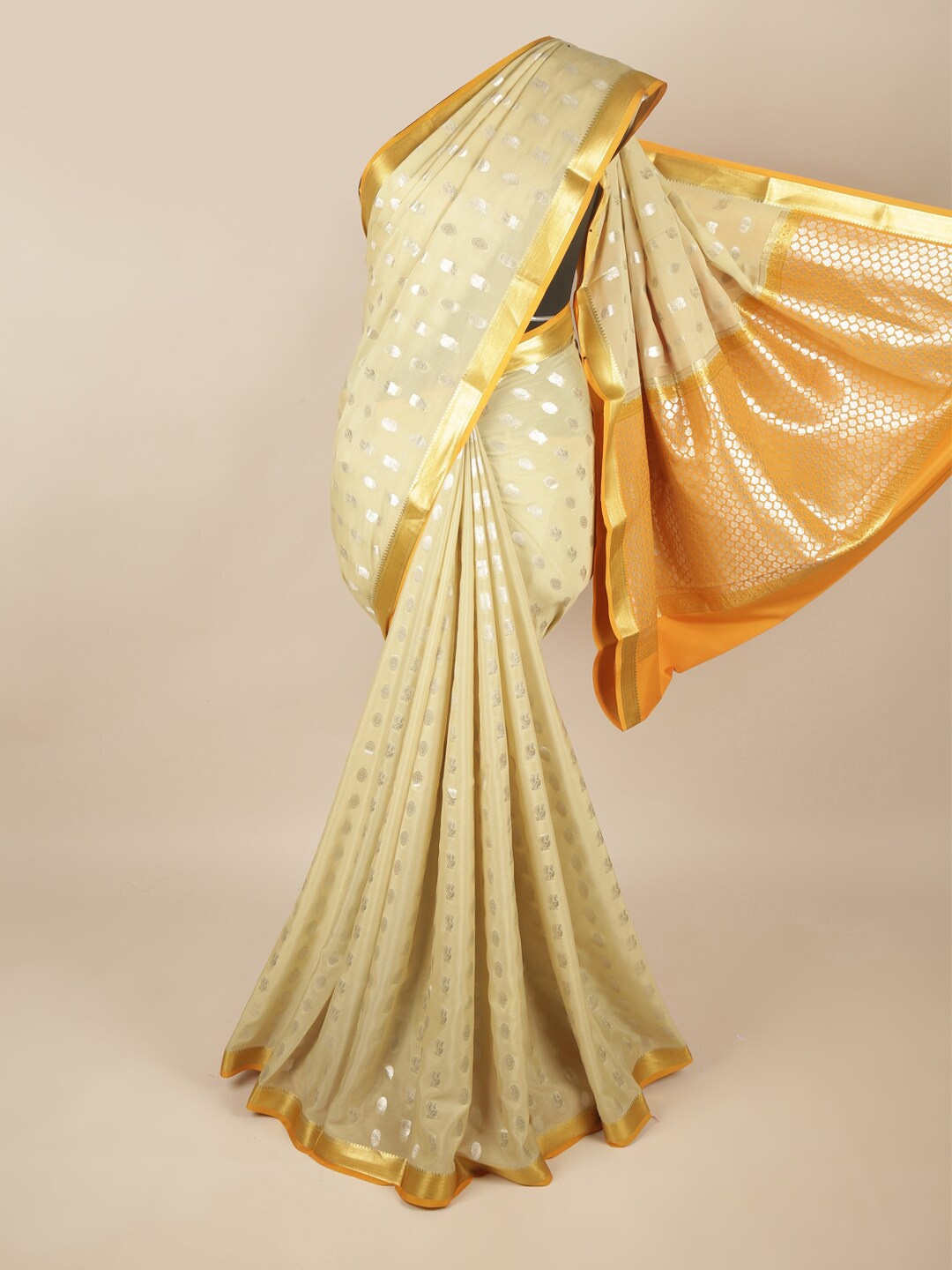 

Pothys Cream-Coloured & Silver-Toned Ethnic Motifs Zari Art Silk Saree