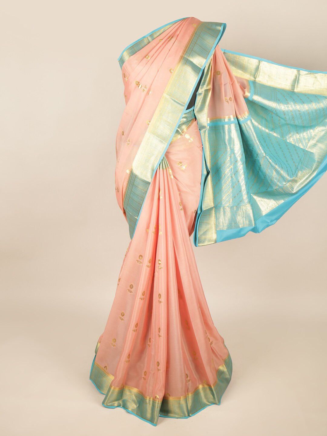 

Pothys Peach-Coloured & Blue Ethnic Motifs Zari Art Silk Saree
