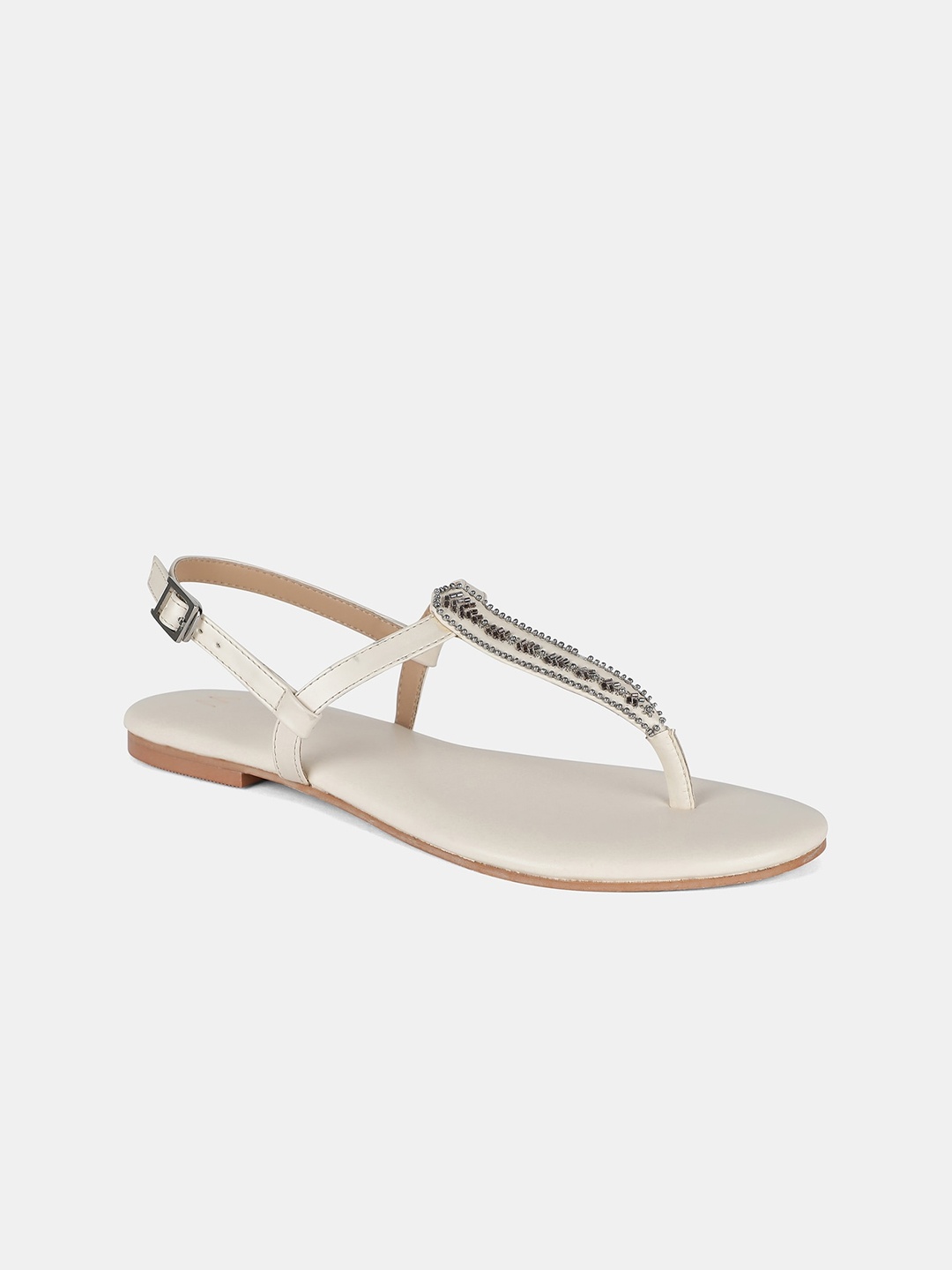 

W Women Off White & Silver-Toned Embellished T-Strap Flats