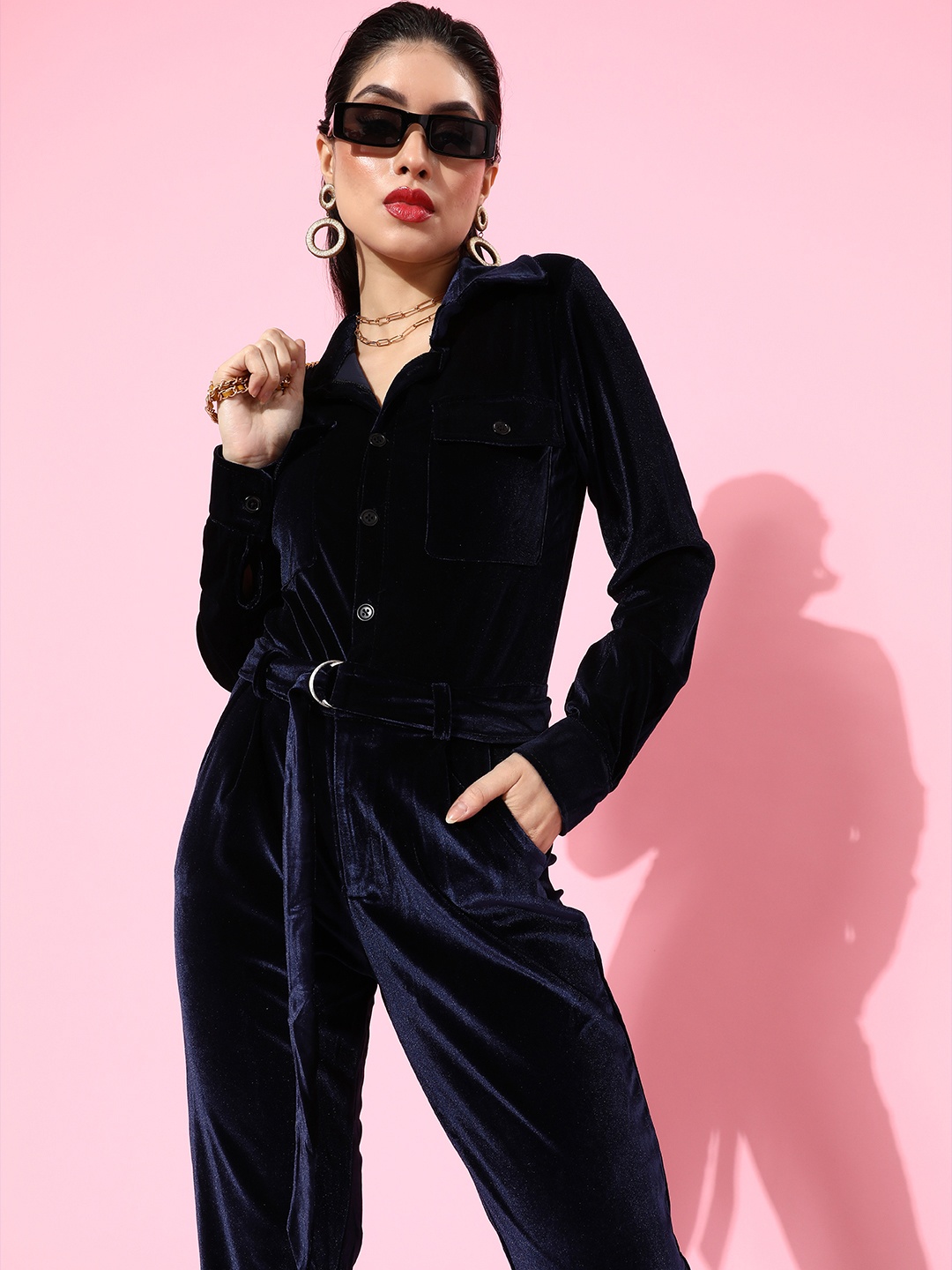 

iki chic Women Deep Navy Blue Solid Velvet Jumpsuit