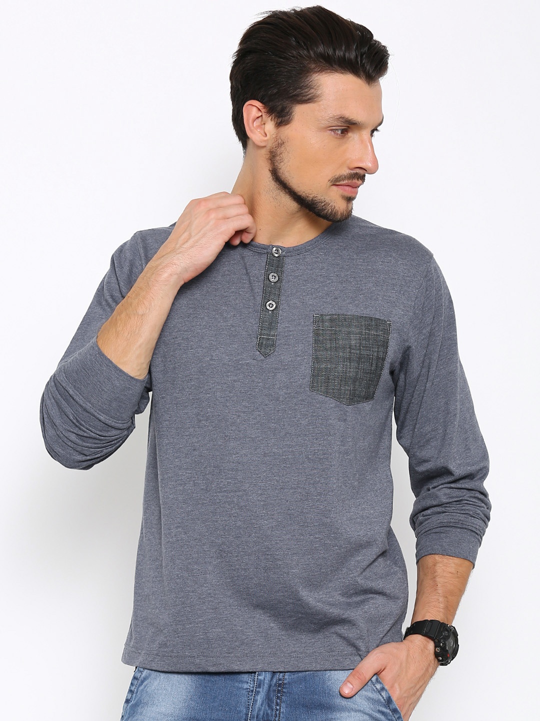 

Slub Men Blue Solid Henley Neck T-shirt