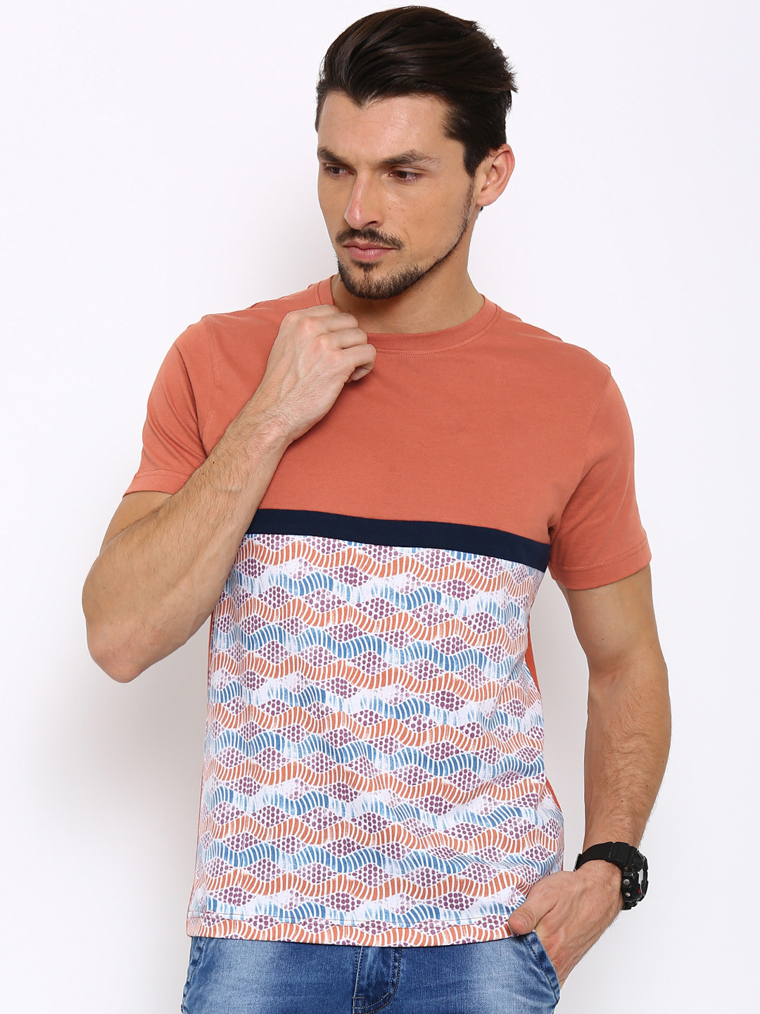 

Slub Men Rust Brown Off-White Printed Round Neck Pure Cotton T-shirt