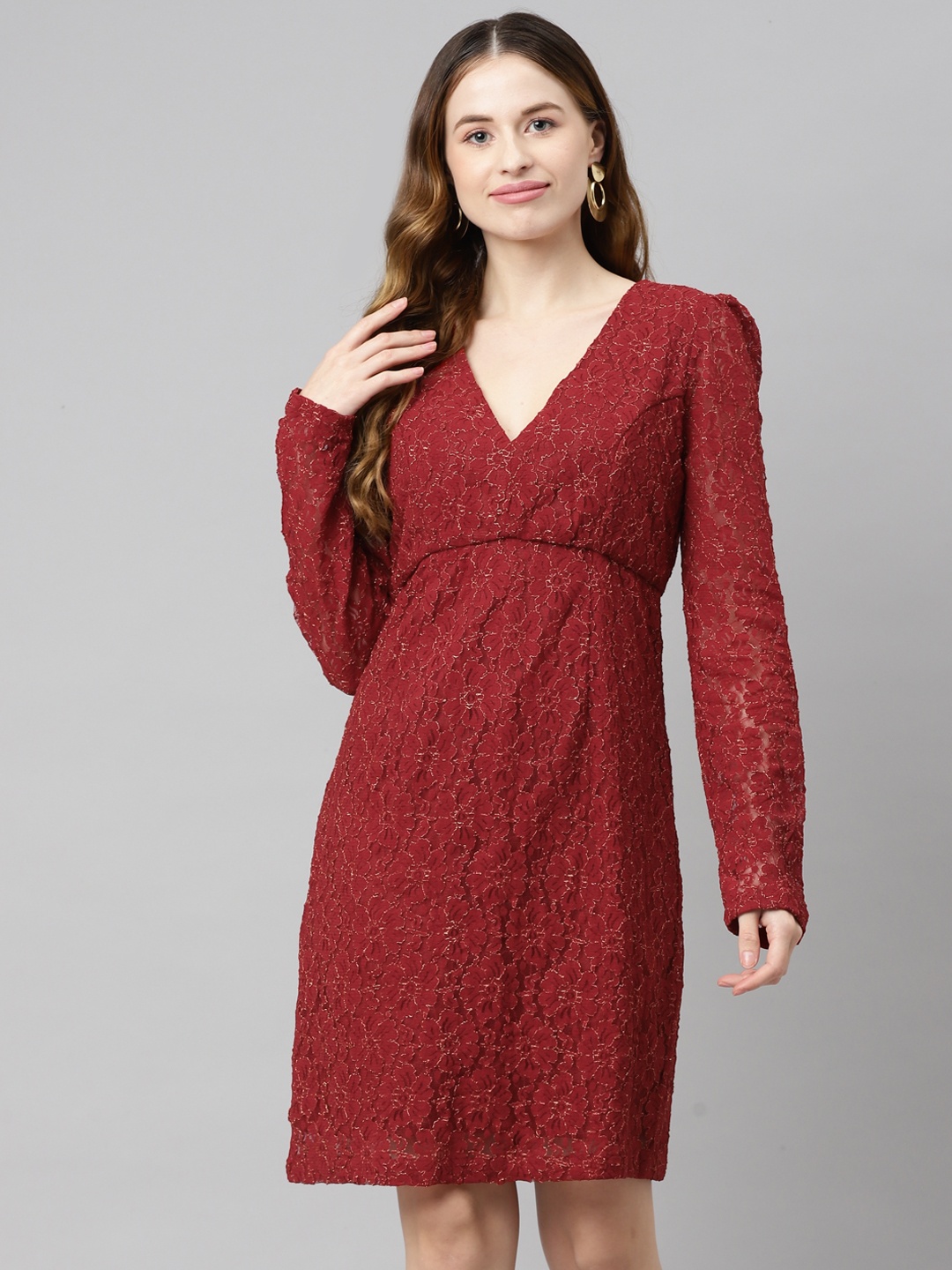 

Purple State Maroon Floral Lace Shift Dress