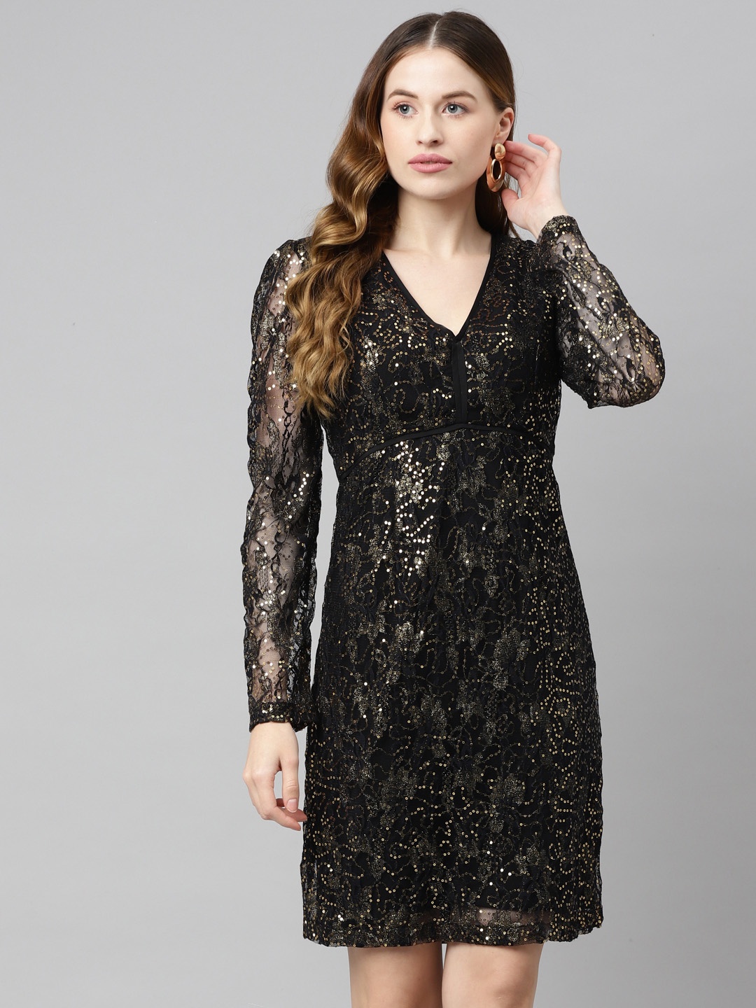 

Purple State Black Floral Lace Sequinned Sheath Dress