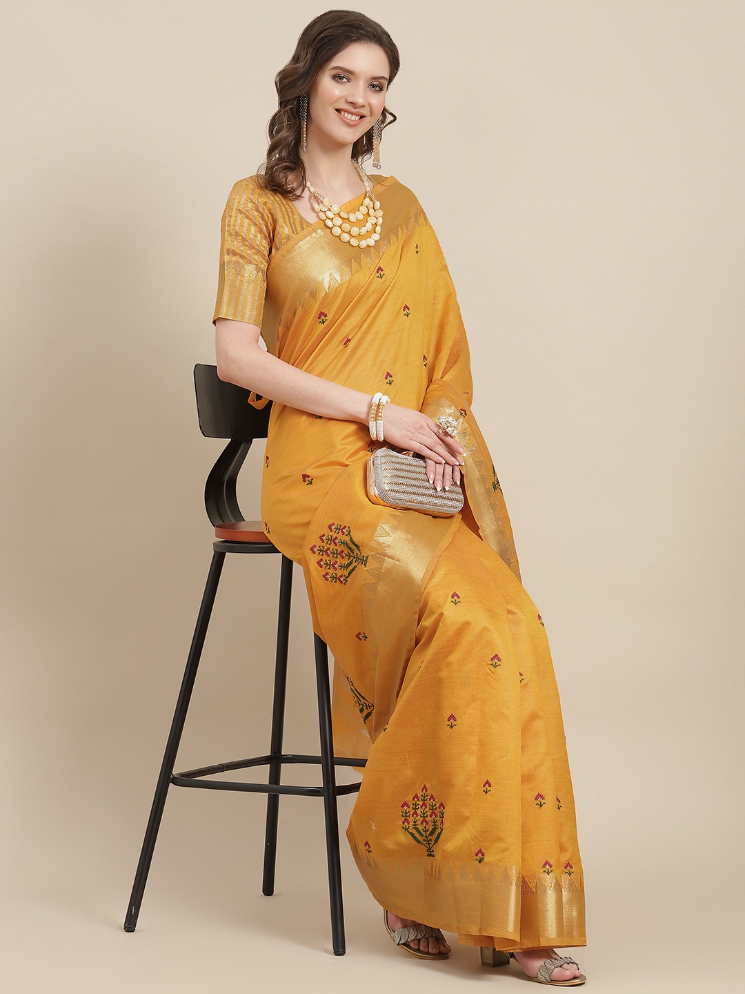 

SERONA FABRICS Yellow Floral Embroidered Silk Blend Saree