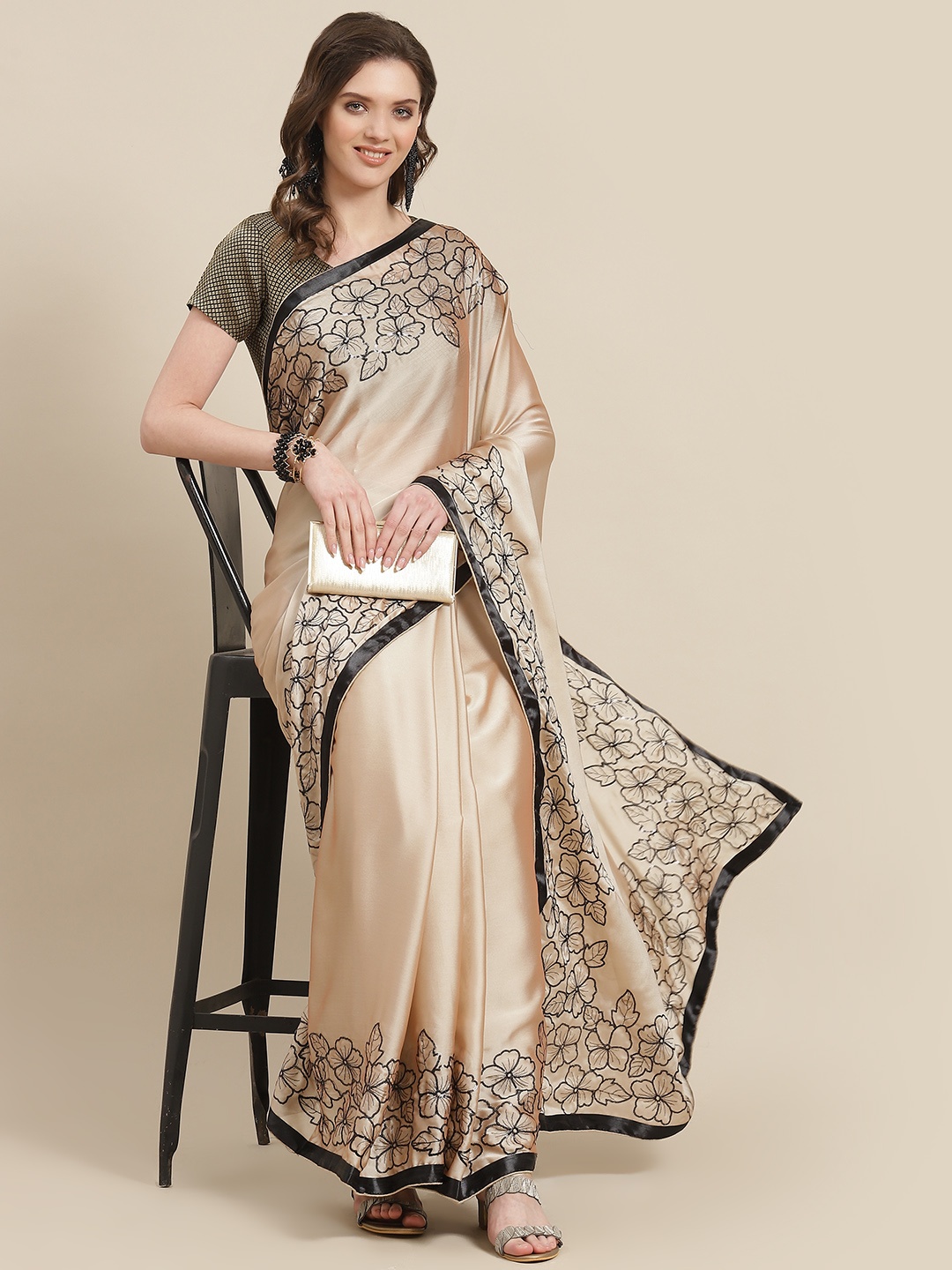 

SERONA FABRICS Peach-Coloured Floral Sequinned Heavy Work Saree