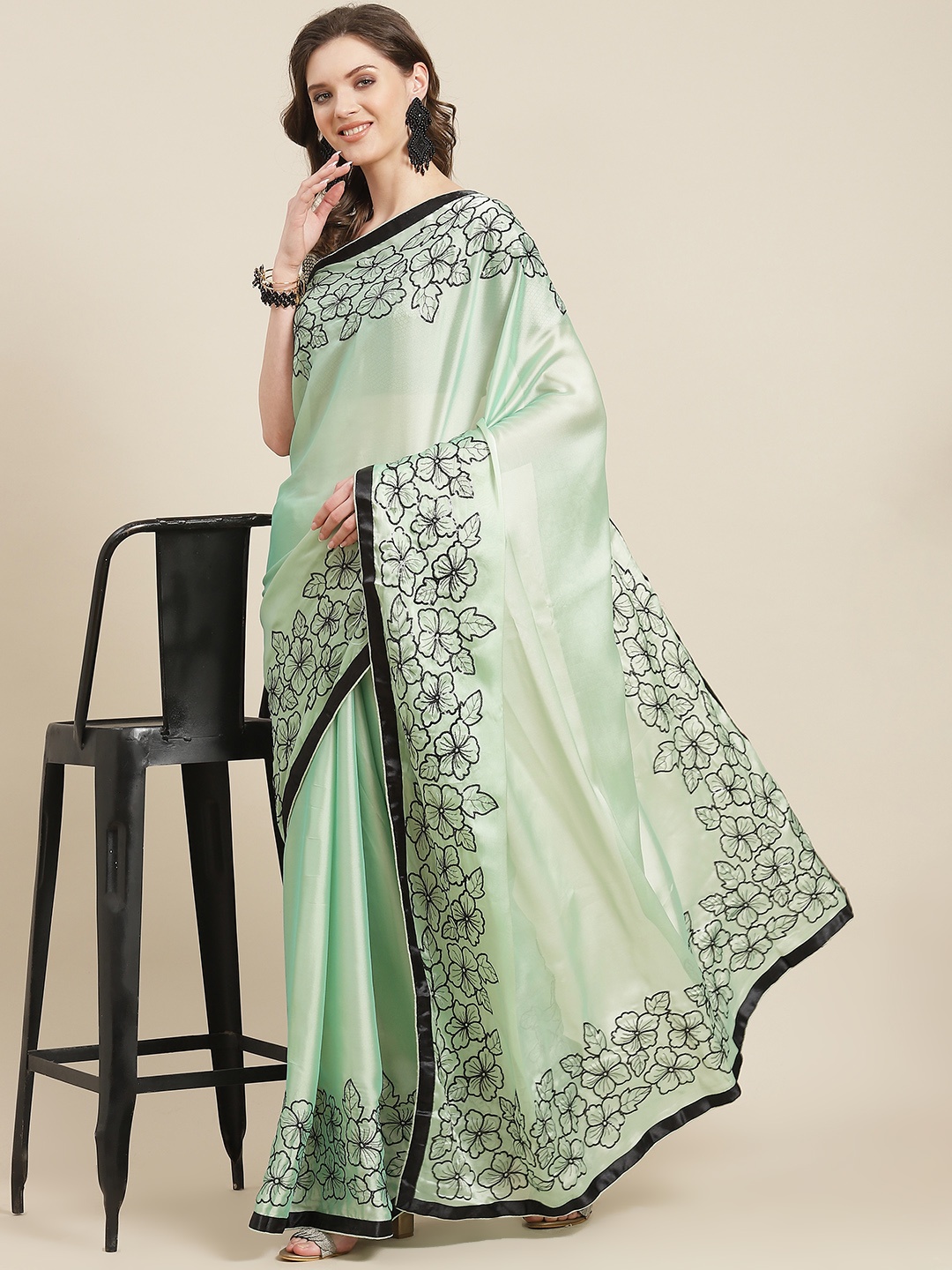 

SERONA FABRICS Green Floral Sequinned Heavy Work Saree