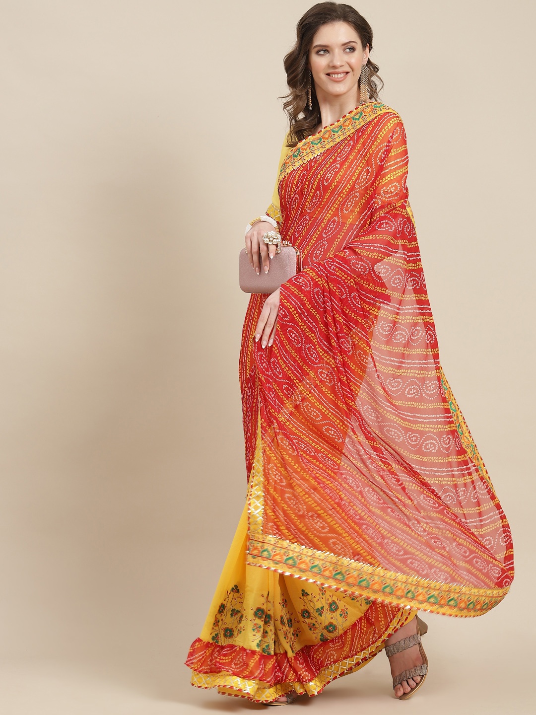 

SERONA FABRICS Red & Yellow Bandhani Embroidered Half and Half Bandhani Saree