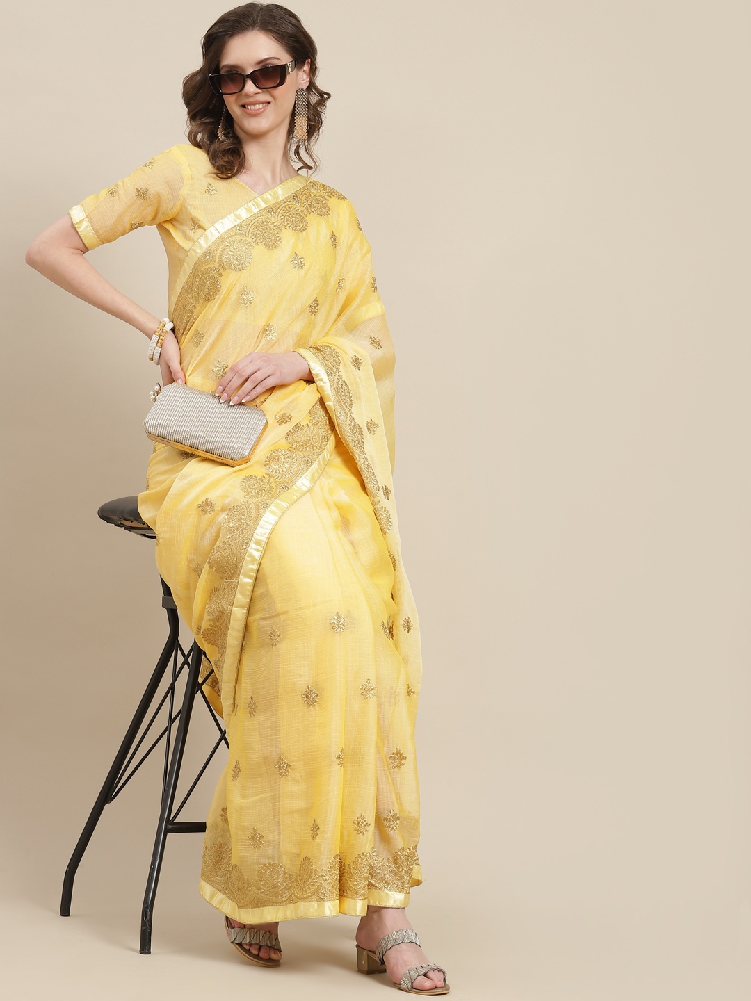 

SERONA FABRICS Yellow Floral Zari Pure Chiffon Ready to Wear Saree