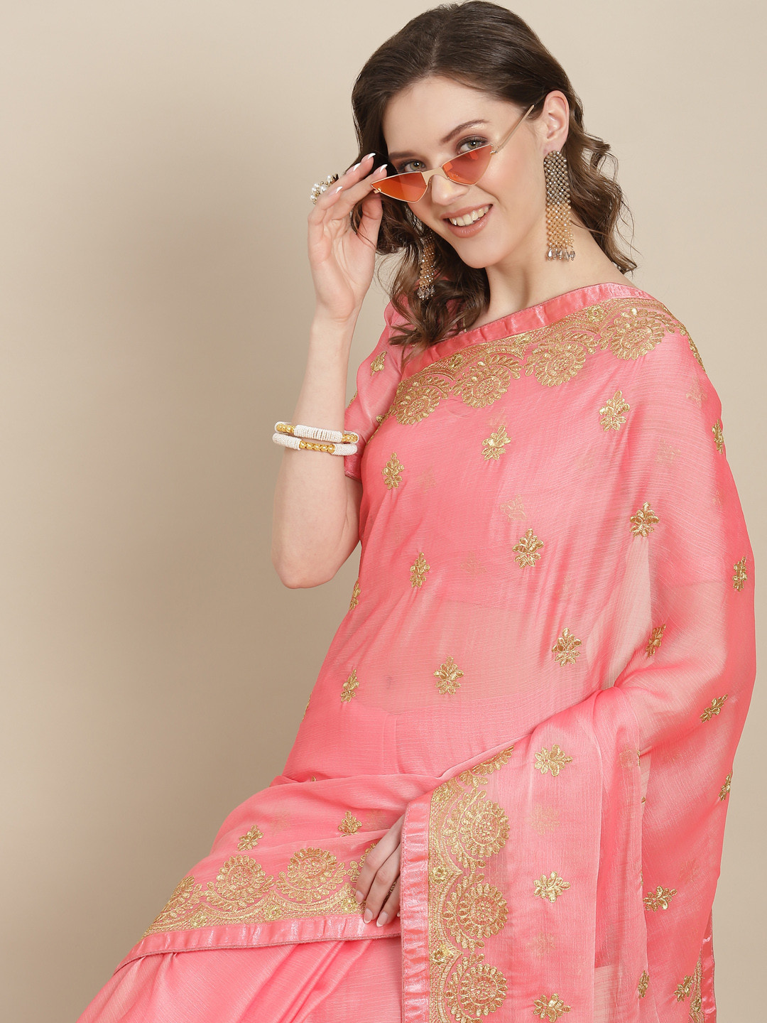 

SERONA FABRICS Pink Floral Zari Pure Chiffon Ready to Wear Saree