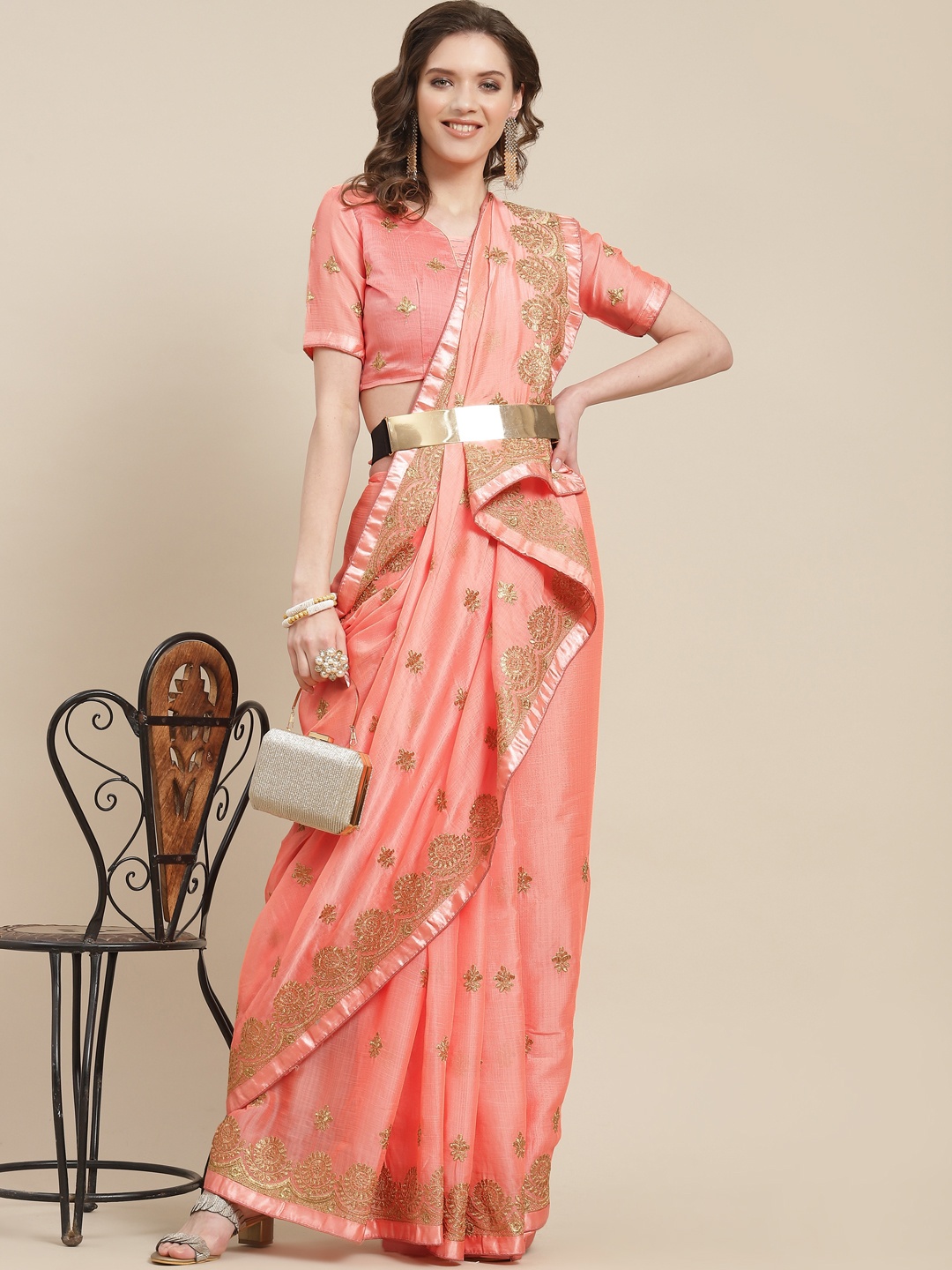 

SERONA FABRICS Peach-Coloured Floral Zari Pure Chiffon Ready to Wear Saree