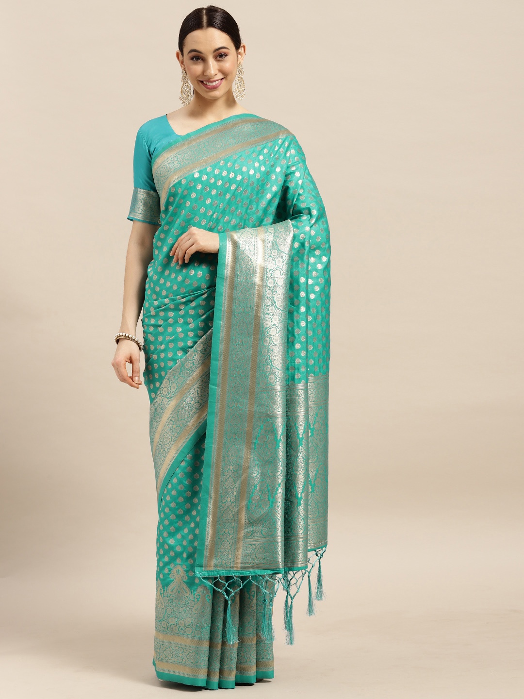 

Saree mall Blue & Golden Ethnic Motifs Banarasi Sarees