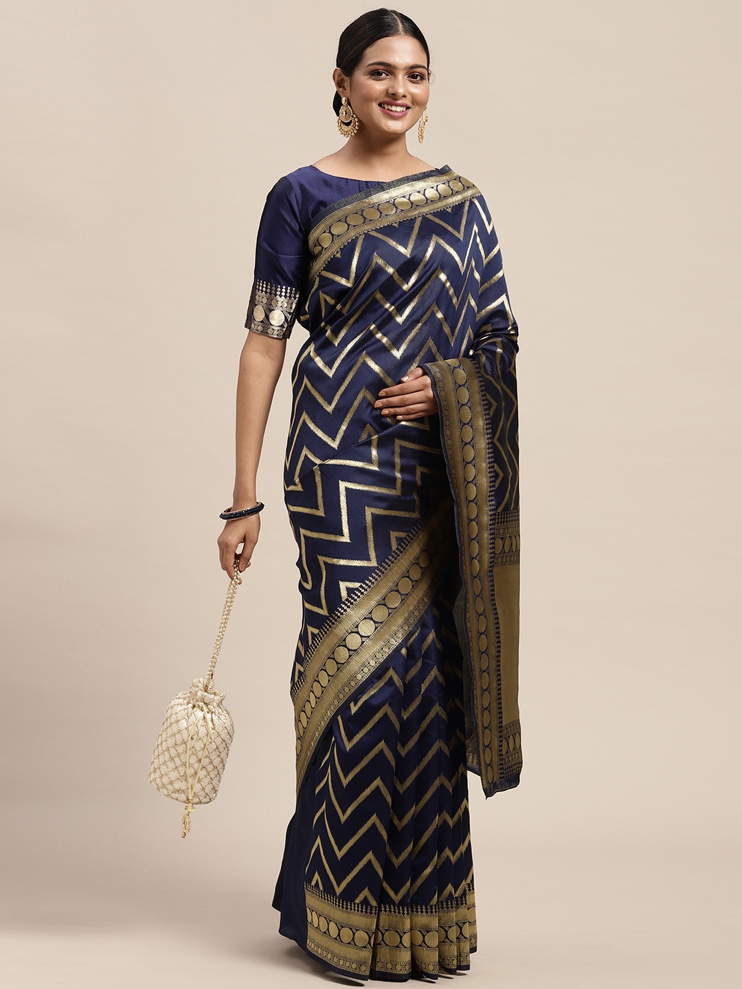 

Saree mall Navy Blue Chevron Striped Silk Blend Banarasi Saree