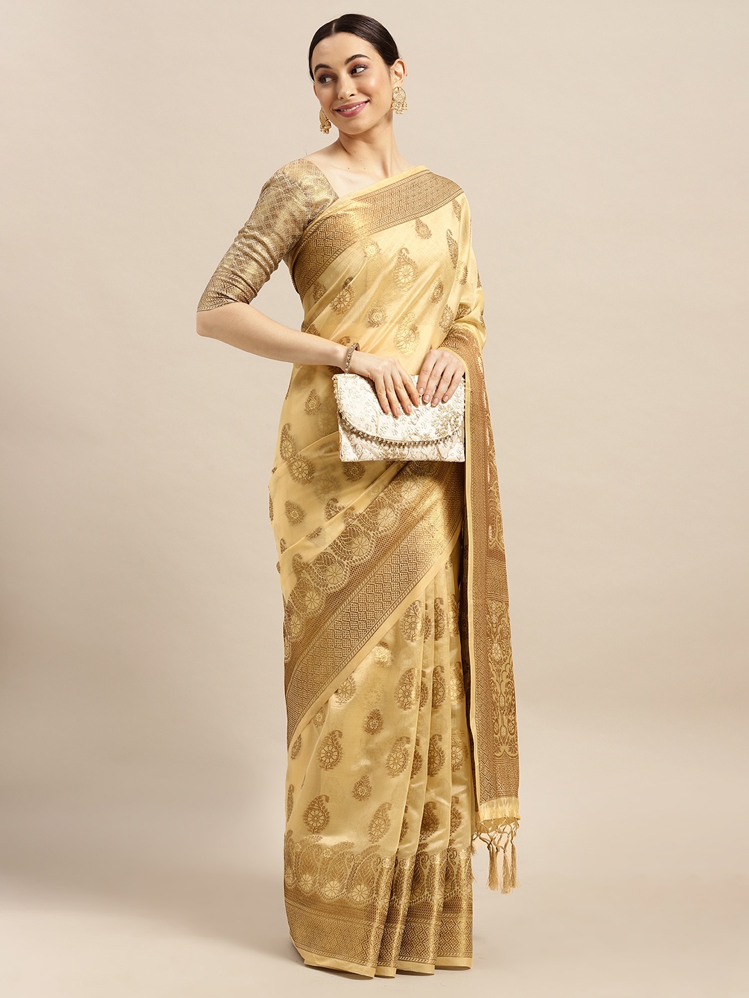 

Saree mall Beige Paisley Silk Blend Banarasi Sarees