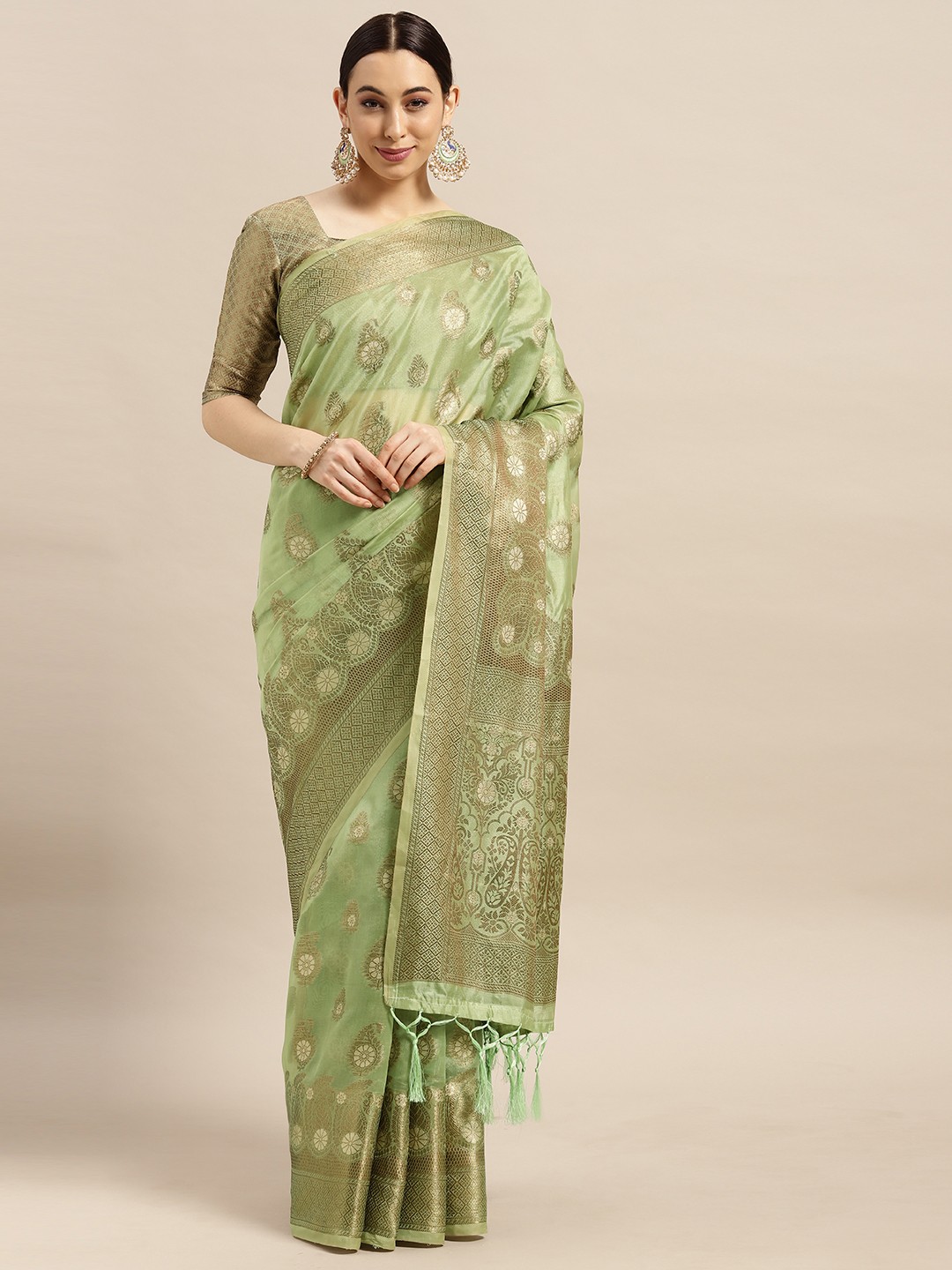 

Saree mall Green & Golden Ethnic Motifs Banarasi Sarees