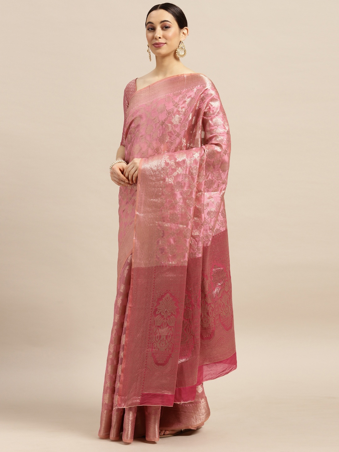 

Saree mall Pink & Golden Ethnic Motifs Silk Blend Banarasi Sarees
