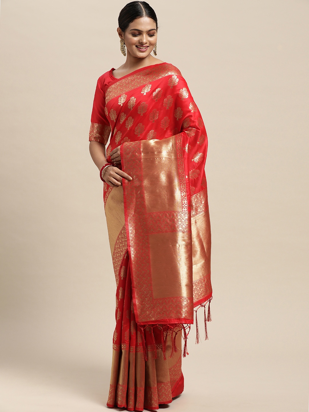 

Saree mall Red Floral Silk Blend Banarasi Saree