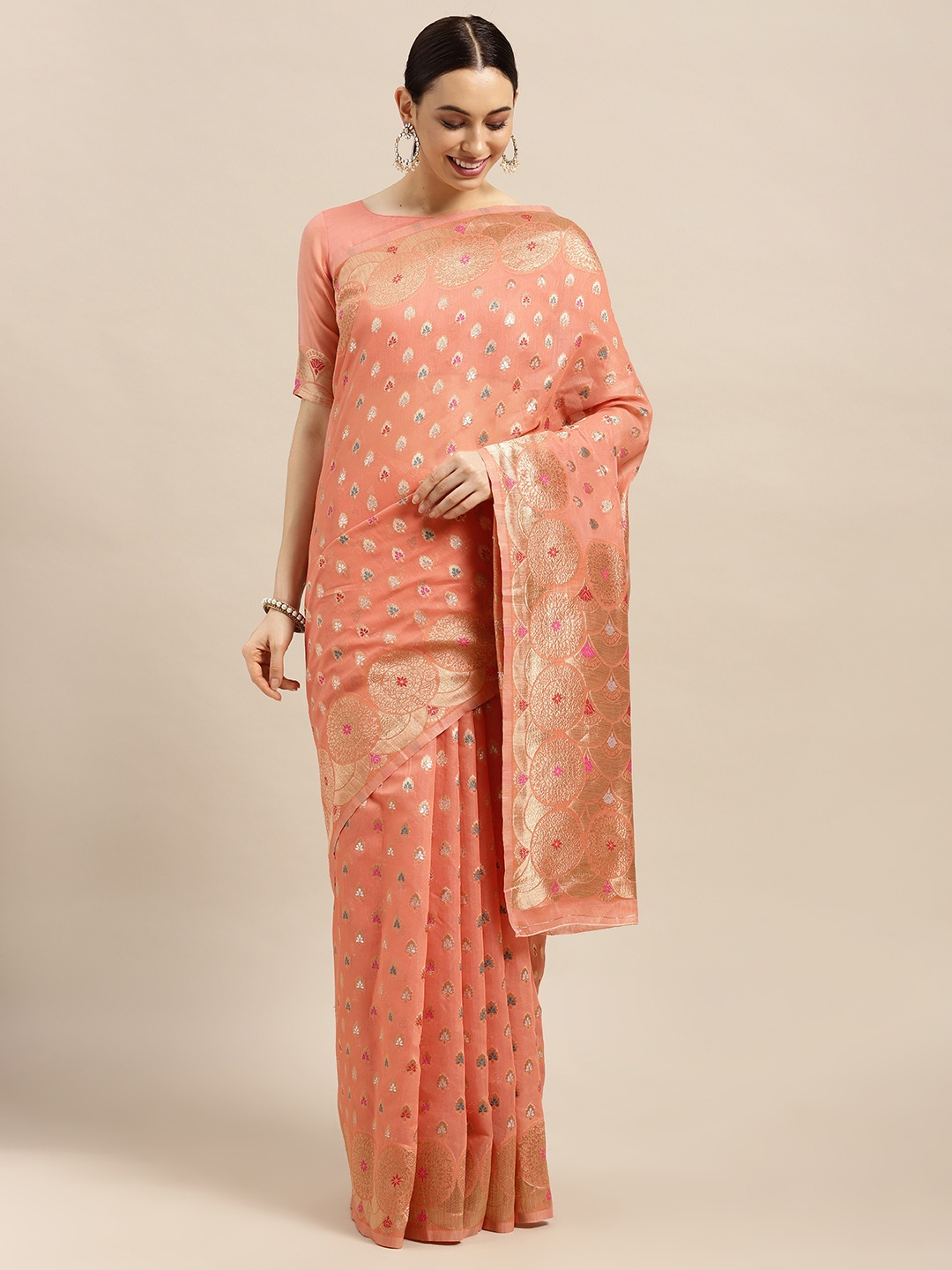 

Saree mall Peach-Coloured Ethnic Motifs Silk Blend Banarasi Saree