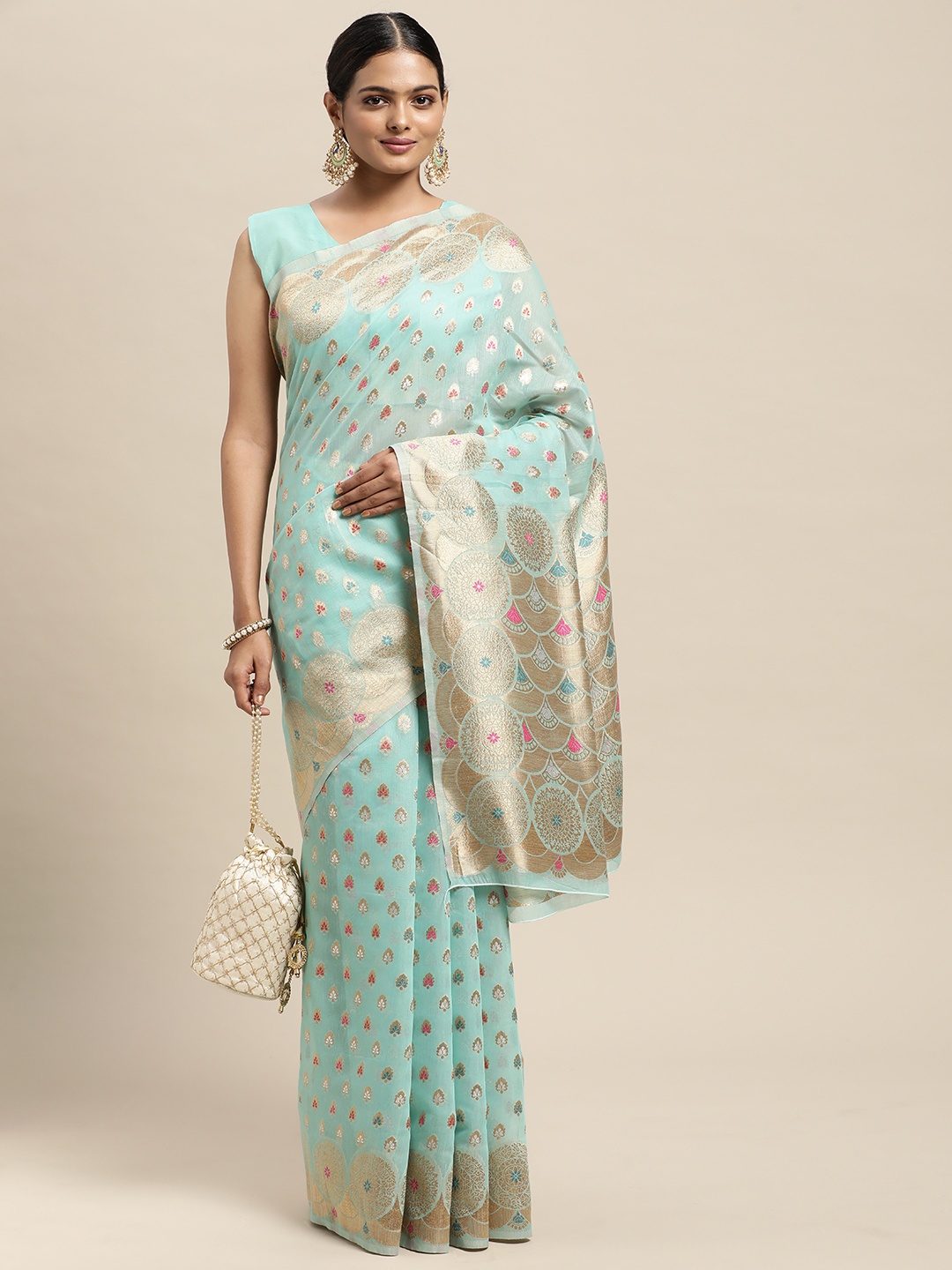 

Saree mall Turquoise Blue Ethnic Motifs Silk Blend Banarasi Saree