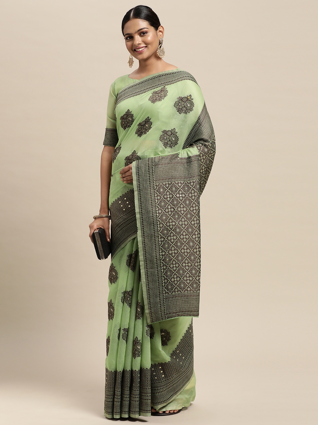 

Saree mall Green Floral Silk Blend Banarasi Saree