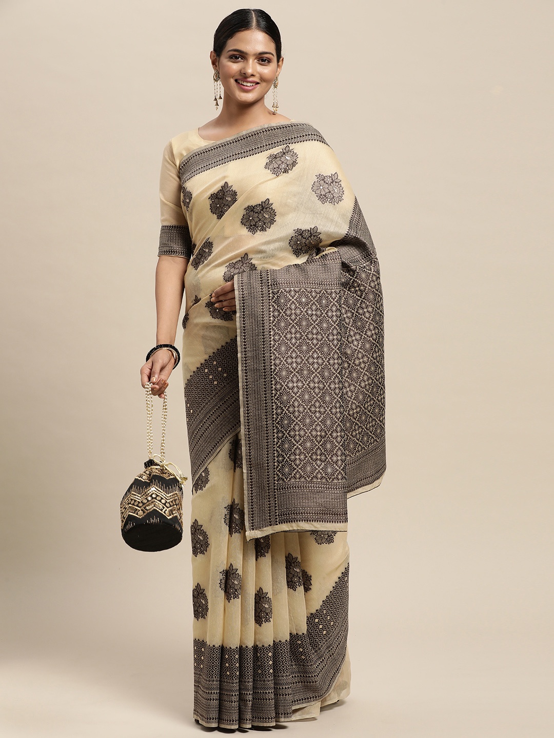 

Saree mall Beige Floral Silk Blend Banarasi Saree