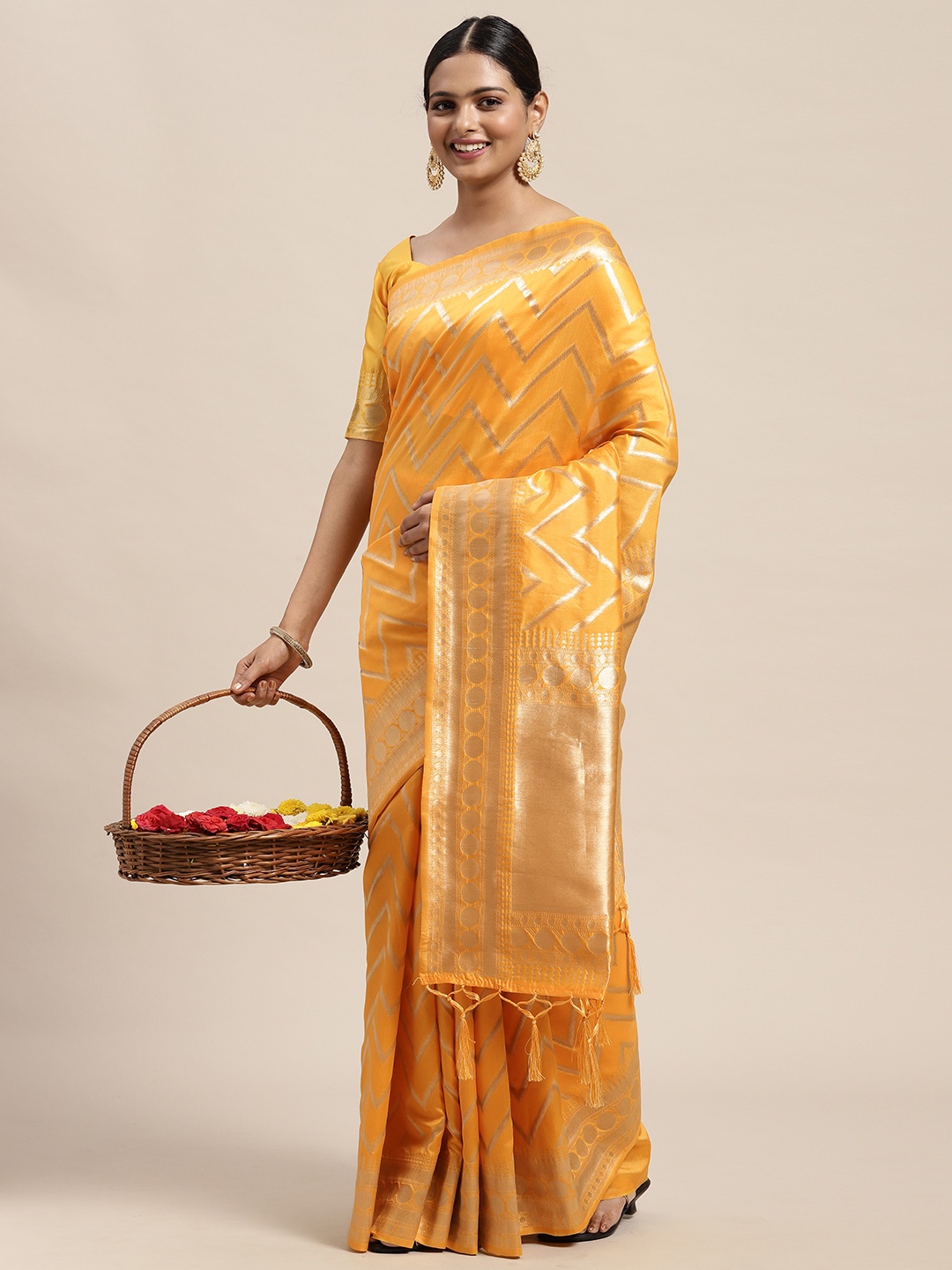 

Saree mall Yellow Chevron Striped Silk Blend Banarasi Saree