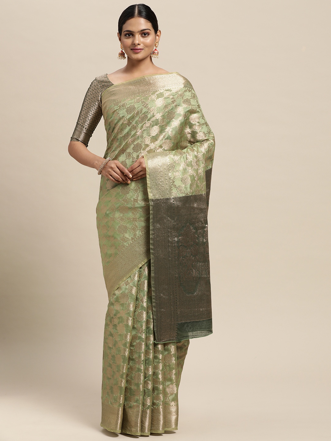 

Saree mall Green Ethnic Motifs Silk Blend Banarasi Saree