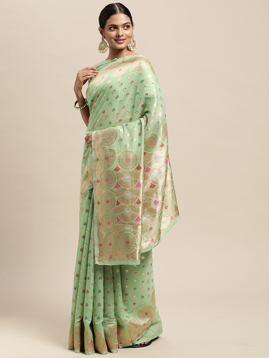 

Saree mall Green Ethnic Motifs Silk Blend Banarasi Saree