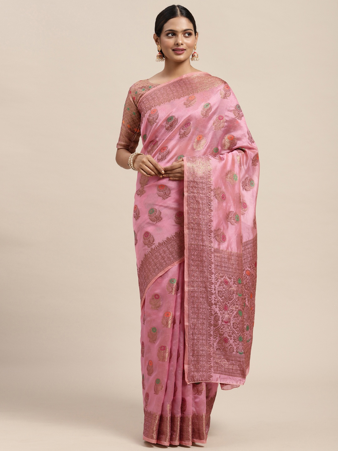 

Saree mall Pink Ethnic Motifs Banarasi Saree