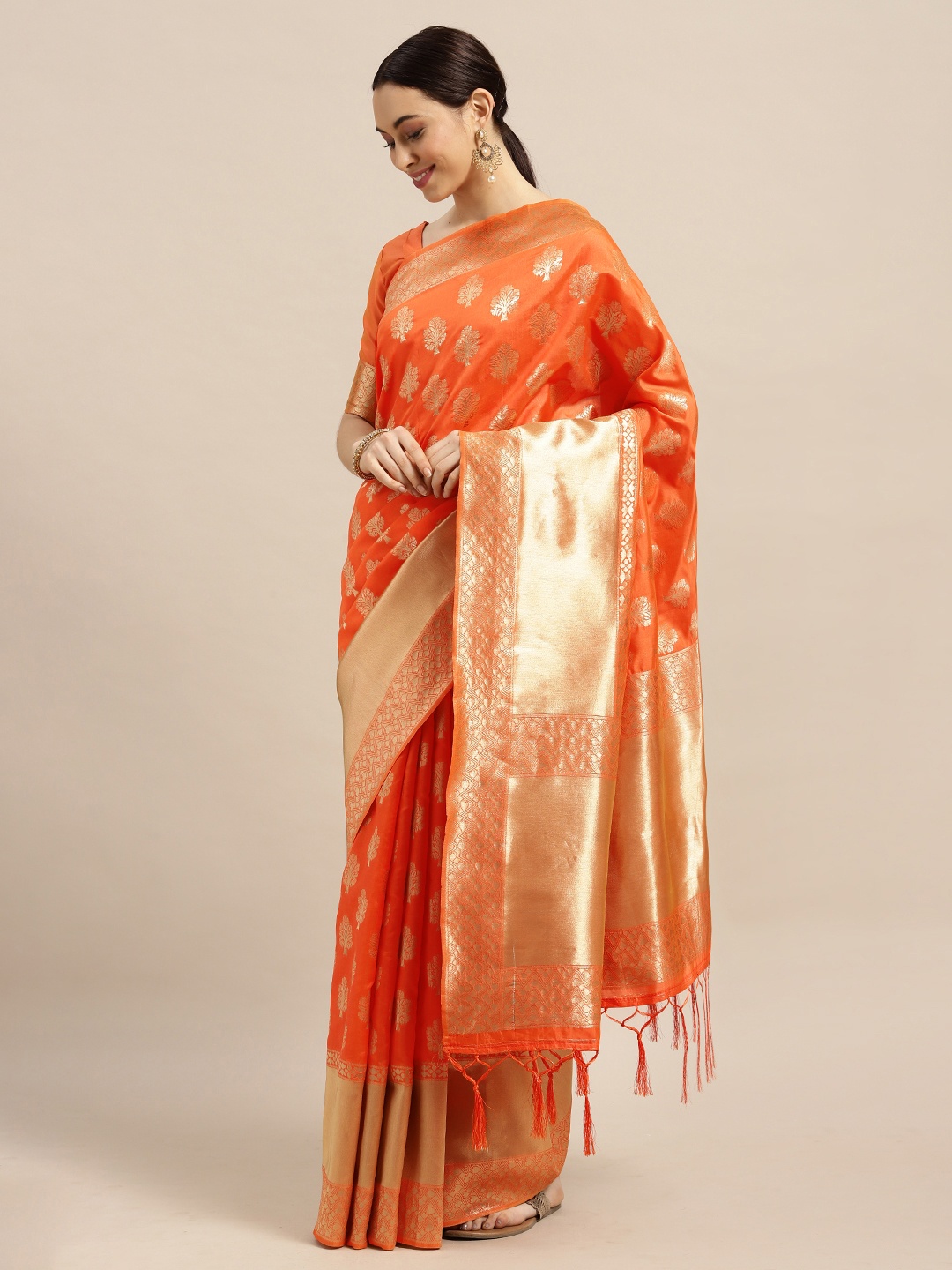 

Saree mall Orange Floral Silk Blend Banarasi Saree