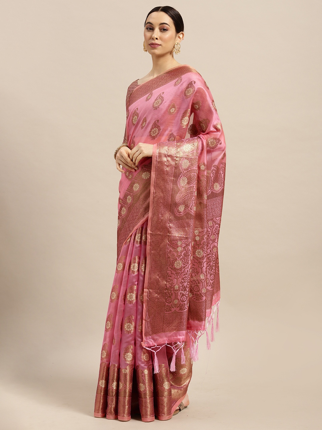 

Saree mall Pink Paisley Silk Blend Banarasi Saree