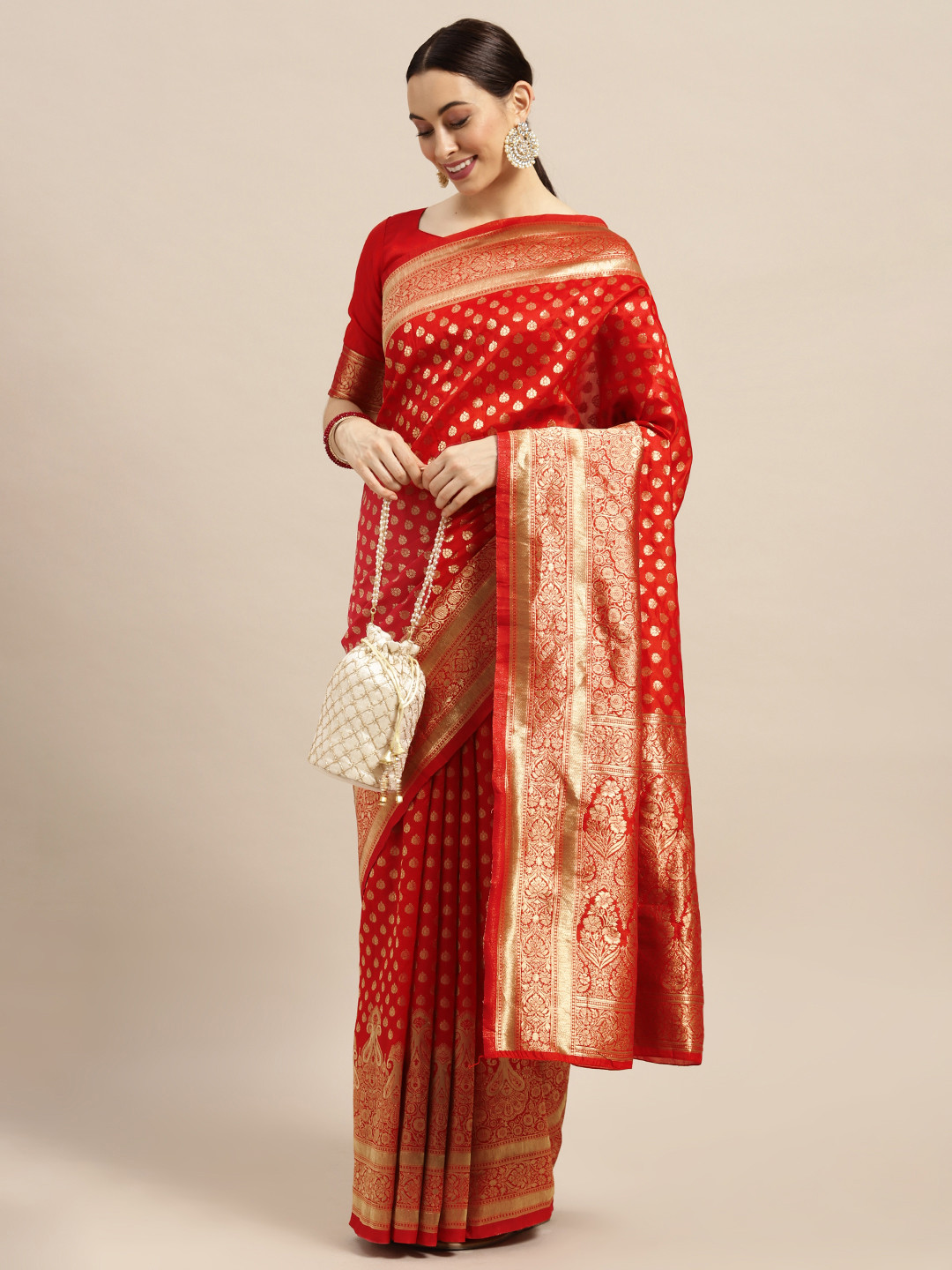 

Saree mall Red Ethnic Motifs Silk Blend Banarasi Saree