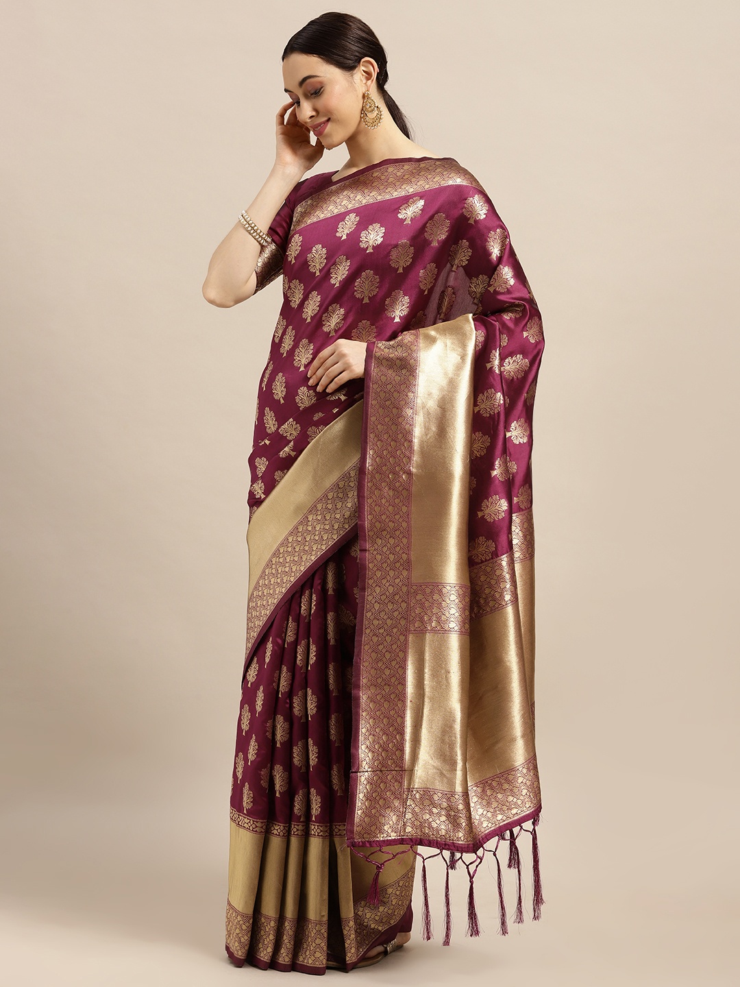 

Saree mall Purple Floral Silk Blend Banarasi Saree