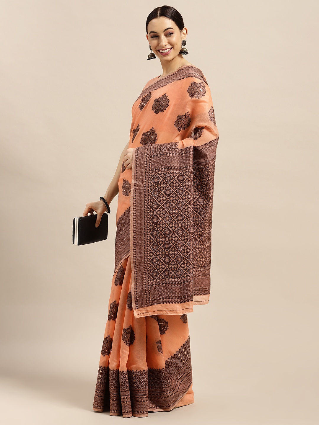 

Saree mall Peach-Coloured Floral Woven Design Silk Blend Banarasi Saree
