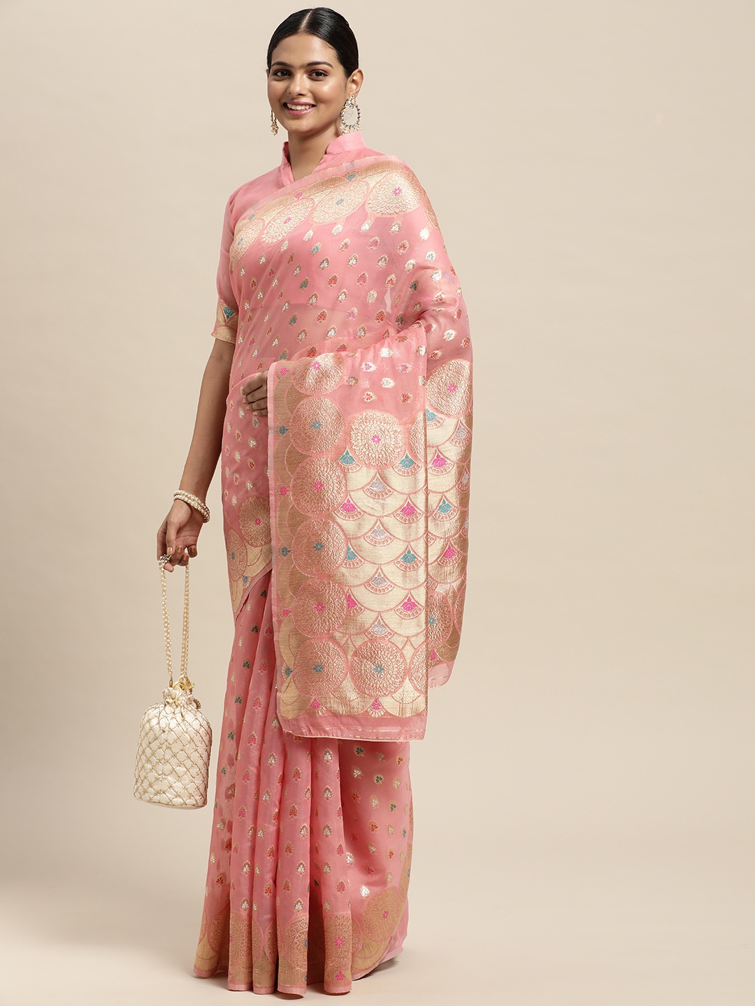 

Saree mall Pink Ethnic Motifs Silk Blend Banarasi Saree