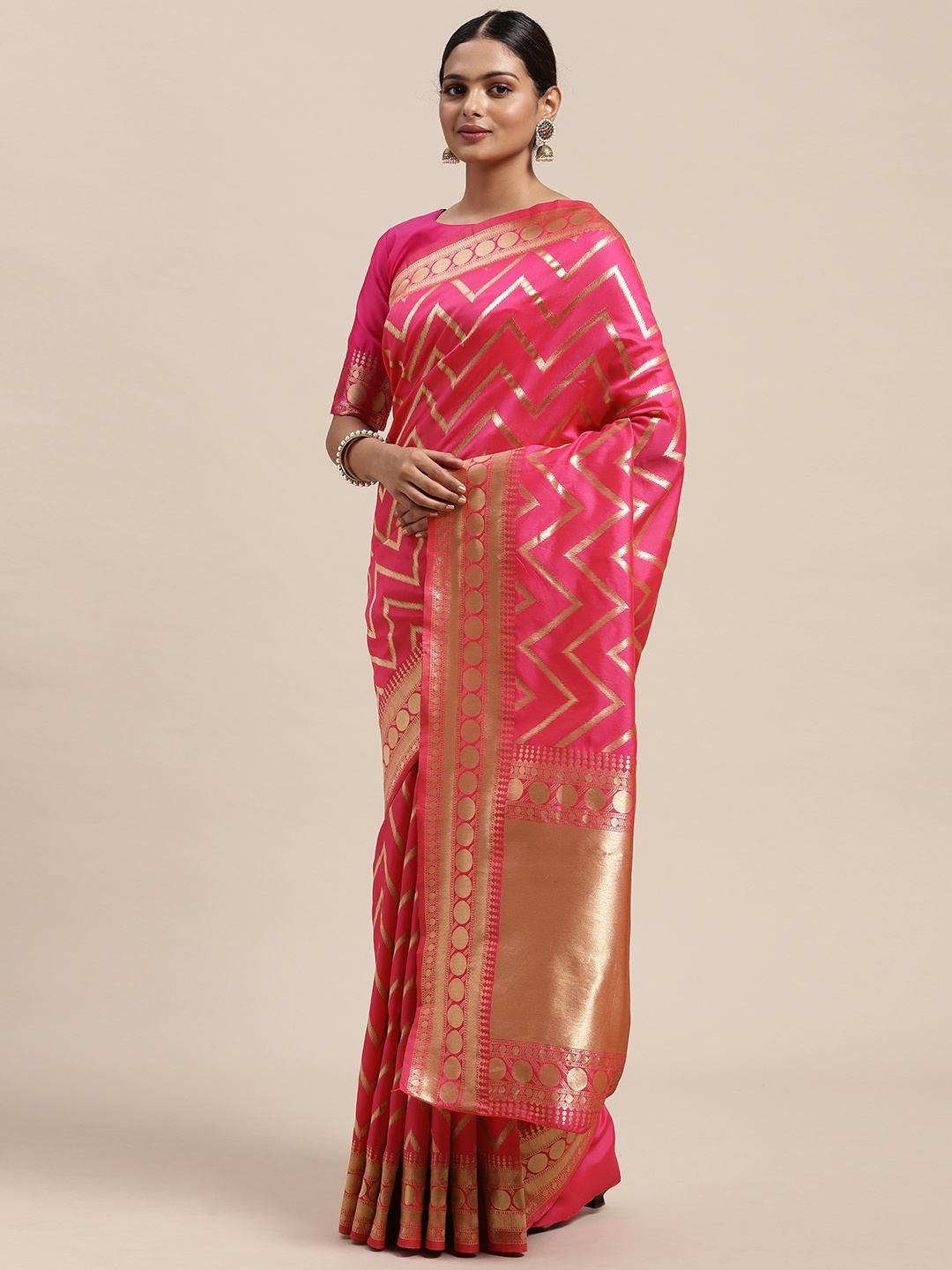 

Saree mall Pink Chevron Striped Silk Blend Banarasi Saree