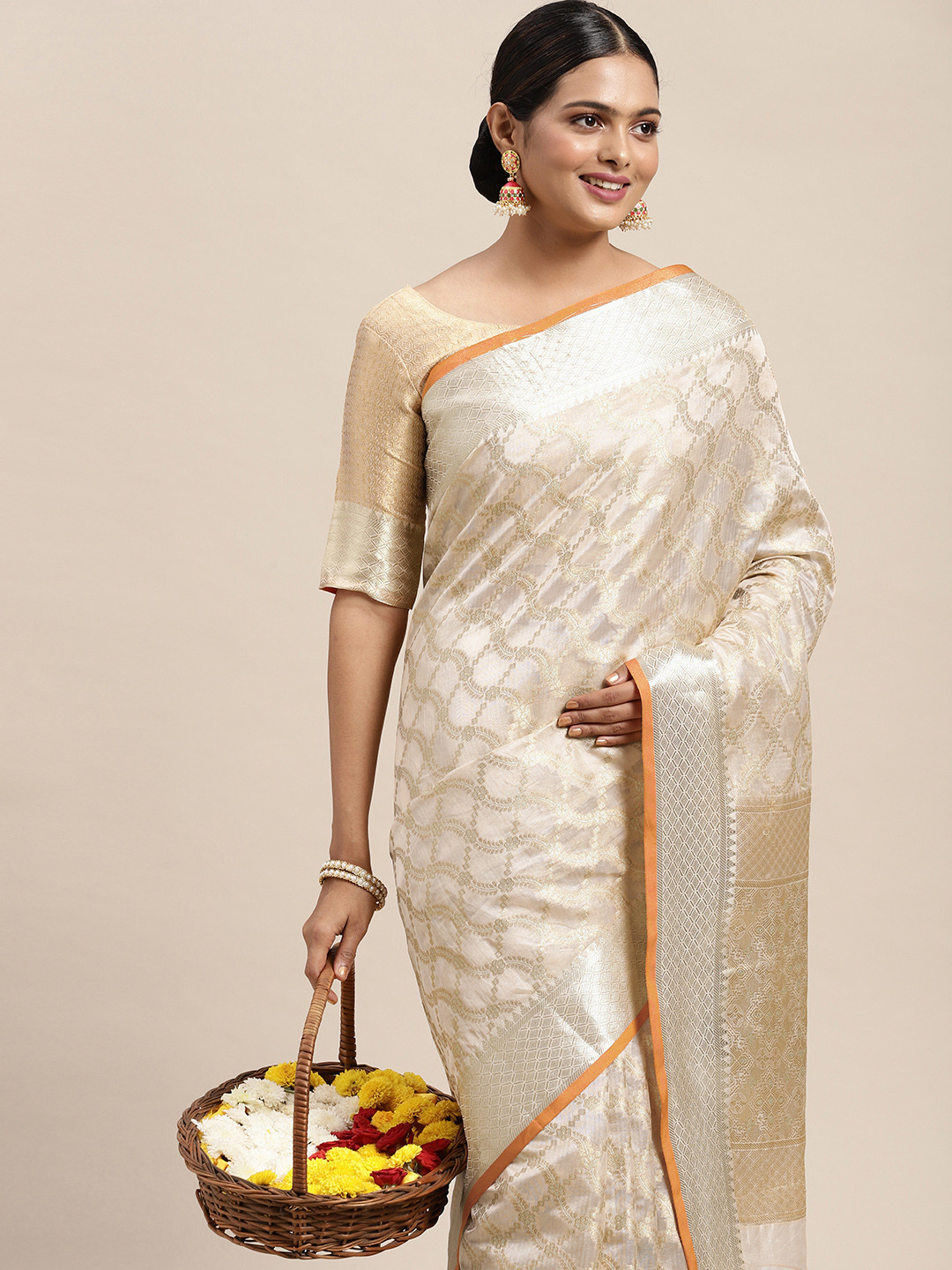 

Saree mall Cream-Coloured Ethnic Motifs Banarasi Saree