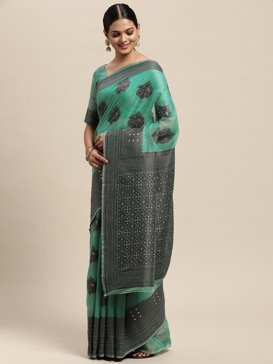 

Saree mall Teal Green Floral Silk Blend Banarasi Saree