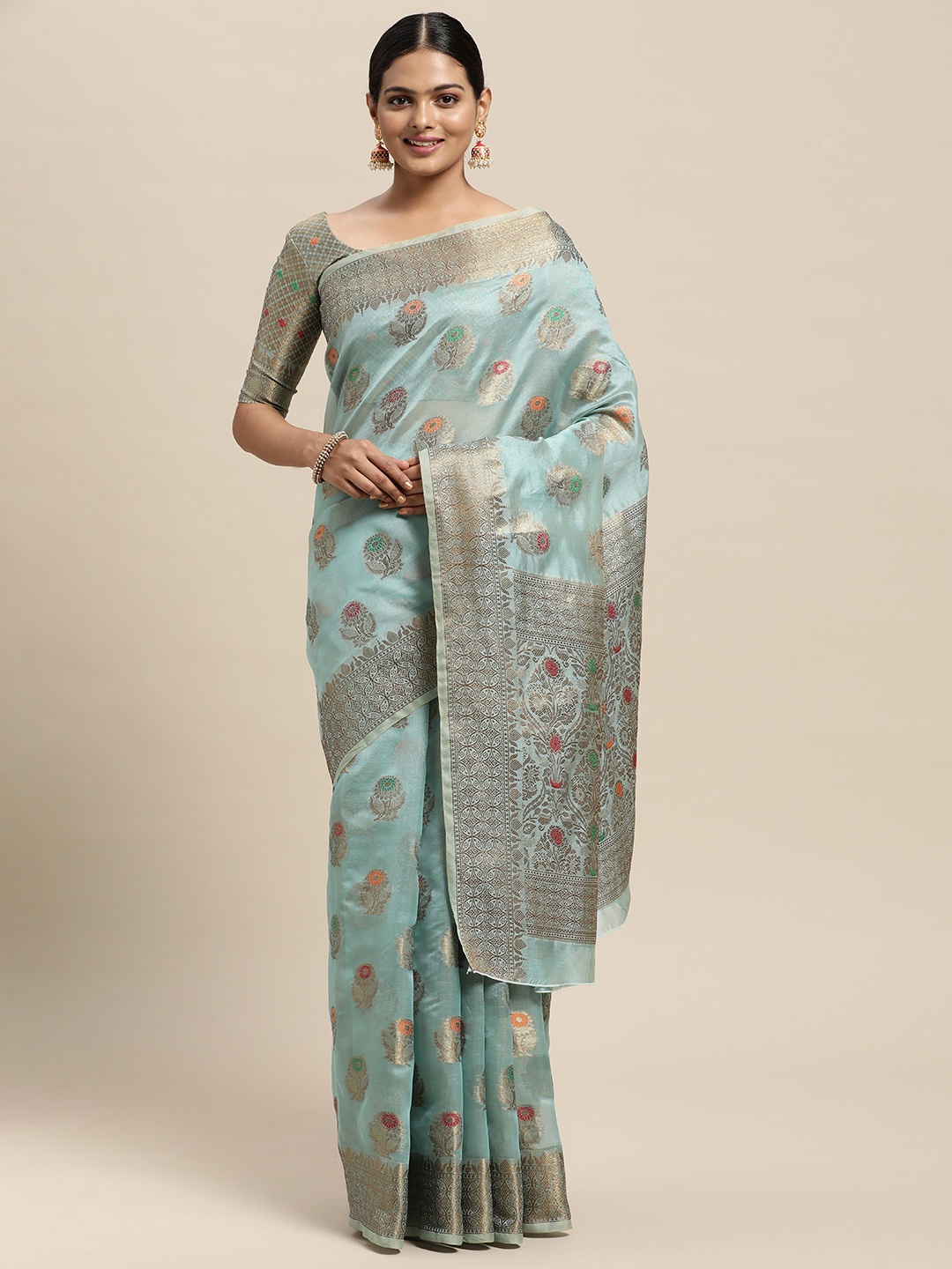 

Saree mall Turquoise Blue Floral Silk Blend Banarasi Saree