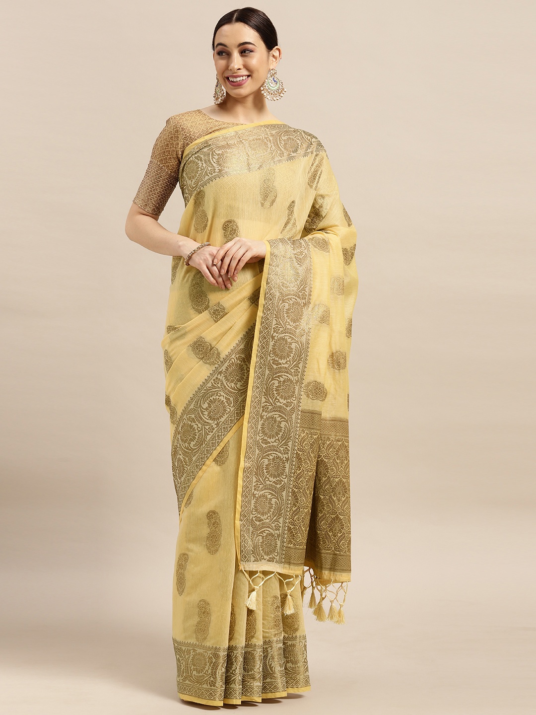 

Saree mall Beige & Golden Ethnic Motifs Banarasi Sarees