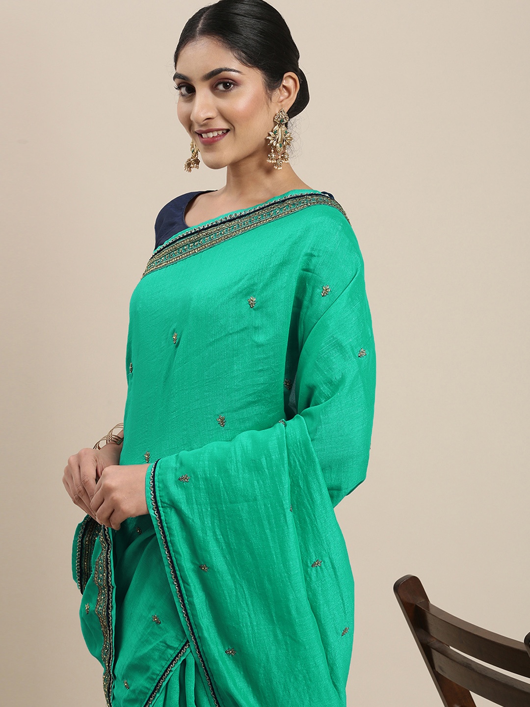

Mitera Green Floral Embellished Silk Blend Saree