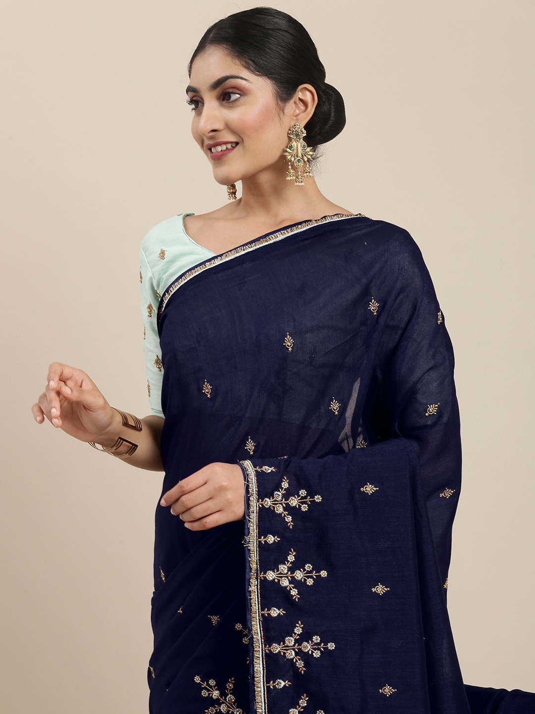 

Mitera Navy Blue Floral Embellished Silk Blend Saree