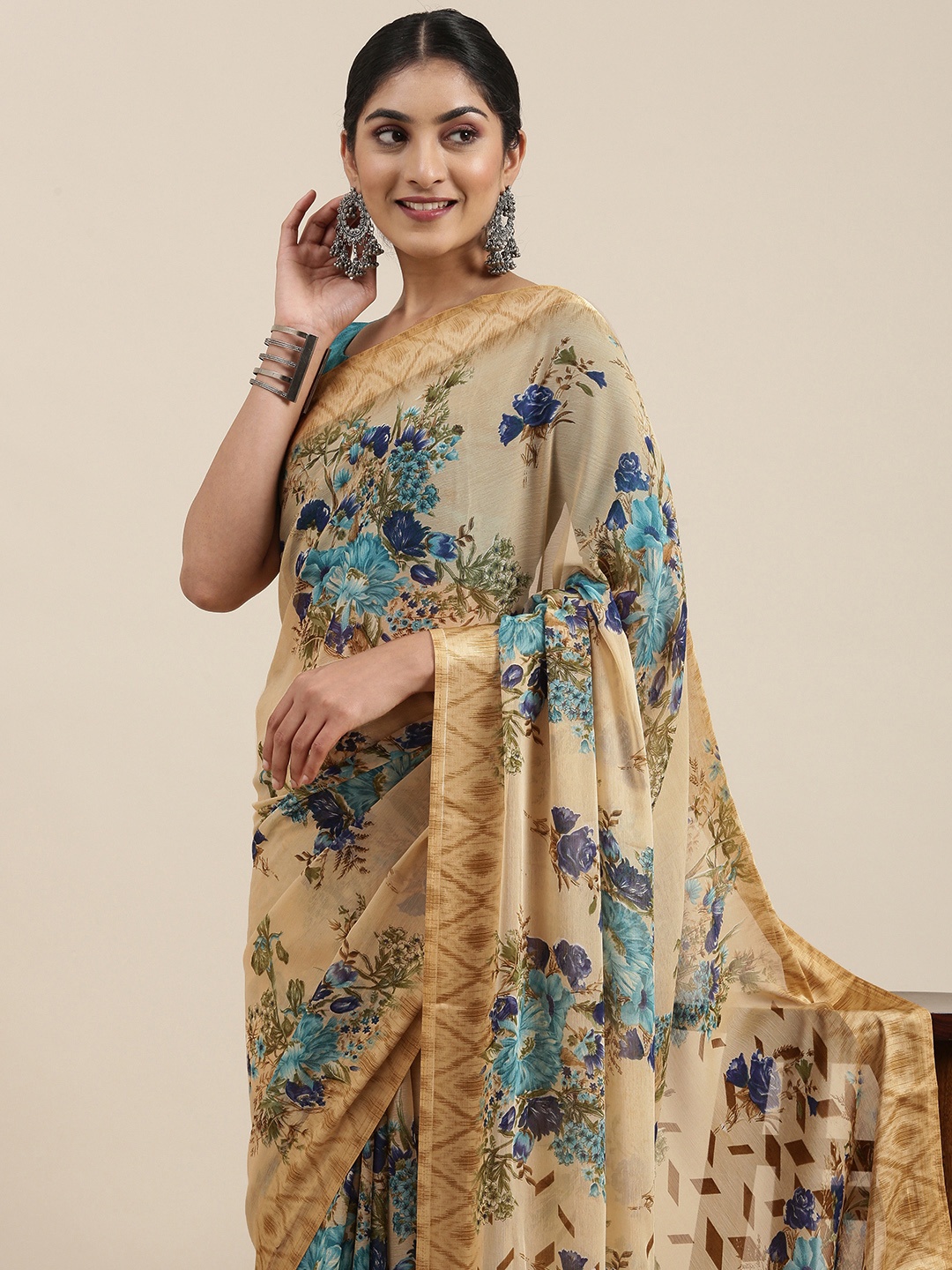

Mitera Beige Floral Pure Chiffon Saree