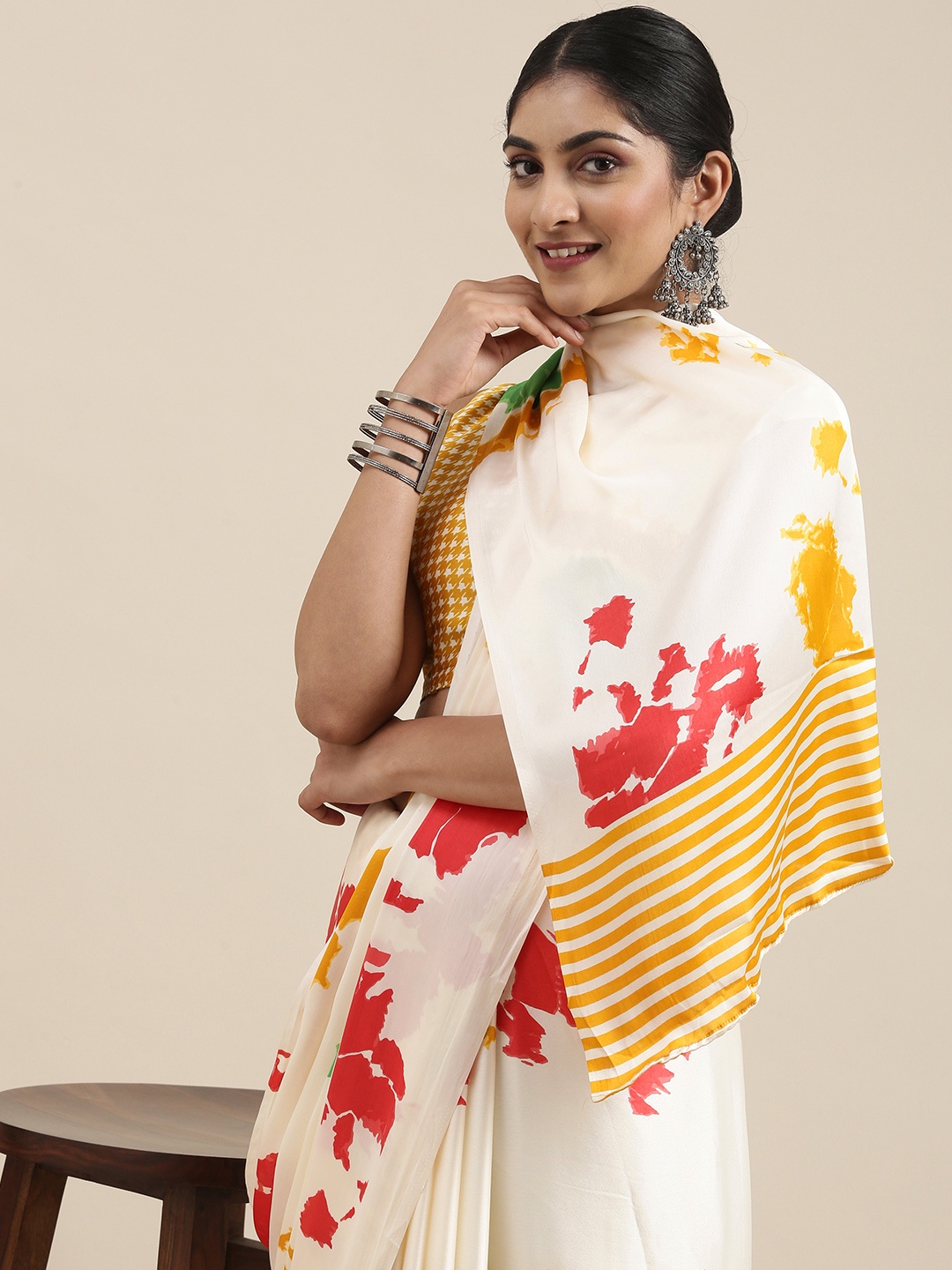

Mitera Cream-Coloured & Yellow Floral Satin Saree