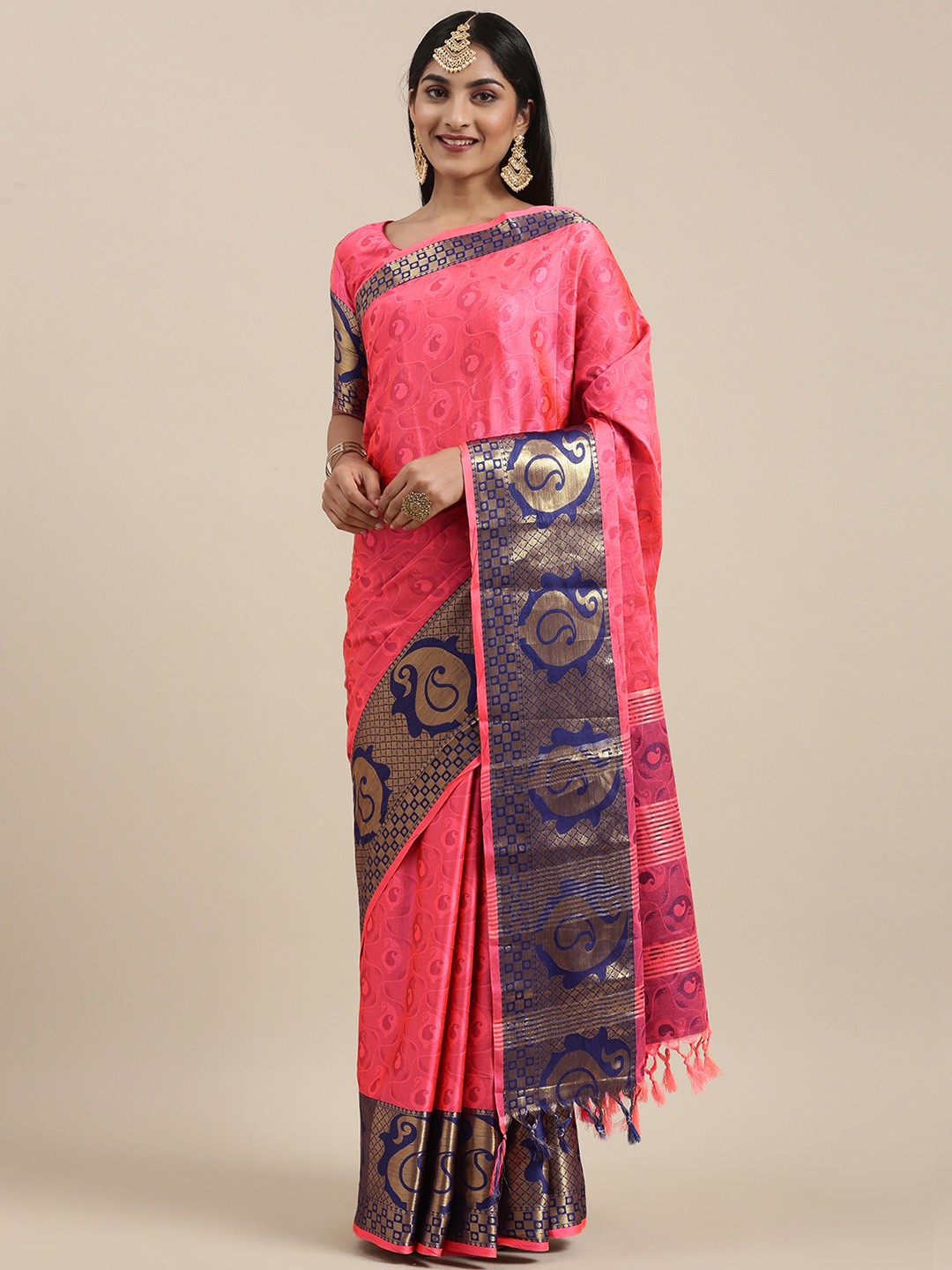 

Mitera Pink Paisley Silk Cotton Banarasi Saree