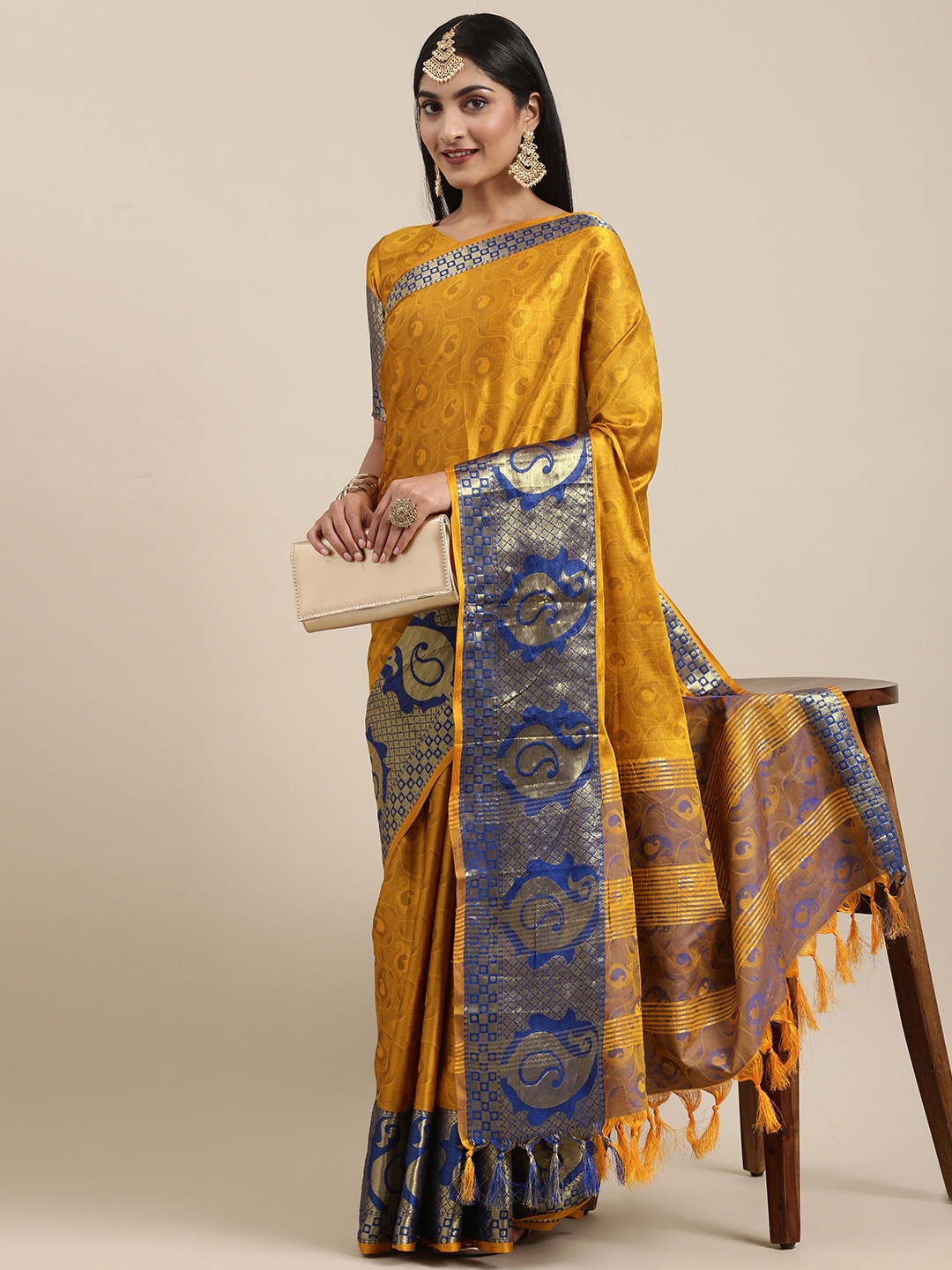 

Mitera Yellow Paisley Silk Cotton Banarasi Saree