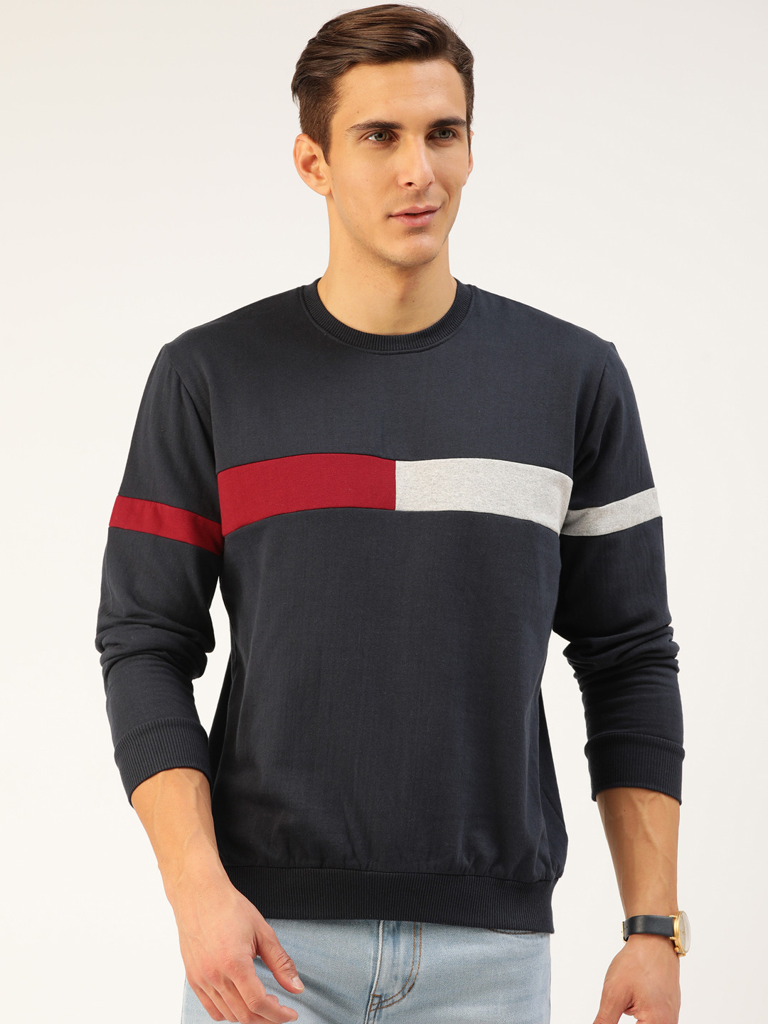 

GESPO Men Navy Blue & White Striped Sweatshirt